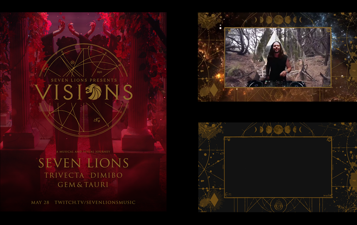 Event poster and promotional graphics for Seven Lions livestream, designed by Daniel Jung of Lycaan Creative Agency for Ophelia Records.