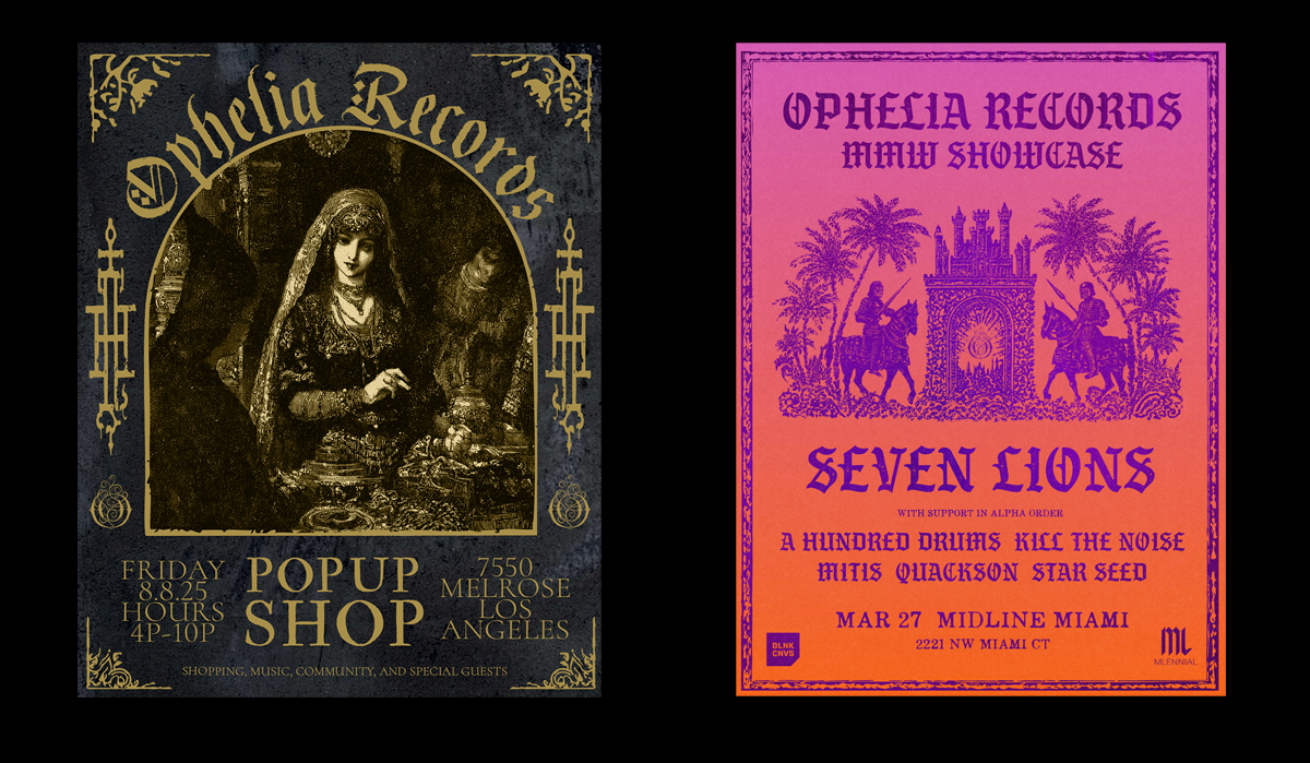 Event branding, stage graphics, and merch visuals for Ophelia Records concerts and festivals, developed by Daniel Jung of Lycaan Creative Agency.