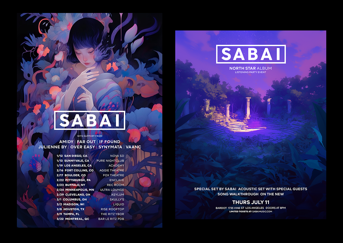 Event branding and promotional visuals for Sabai concerts and performances, designed by Daniel Jung of Lycaan Creative Agency.
