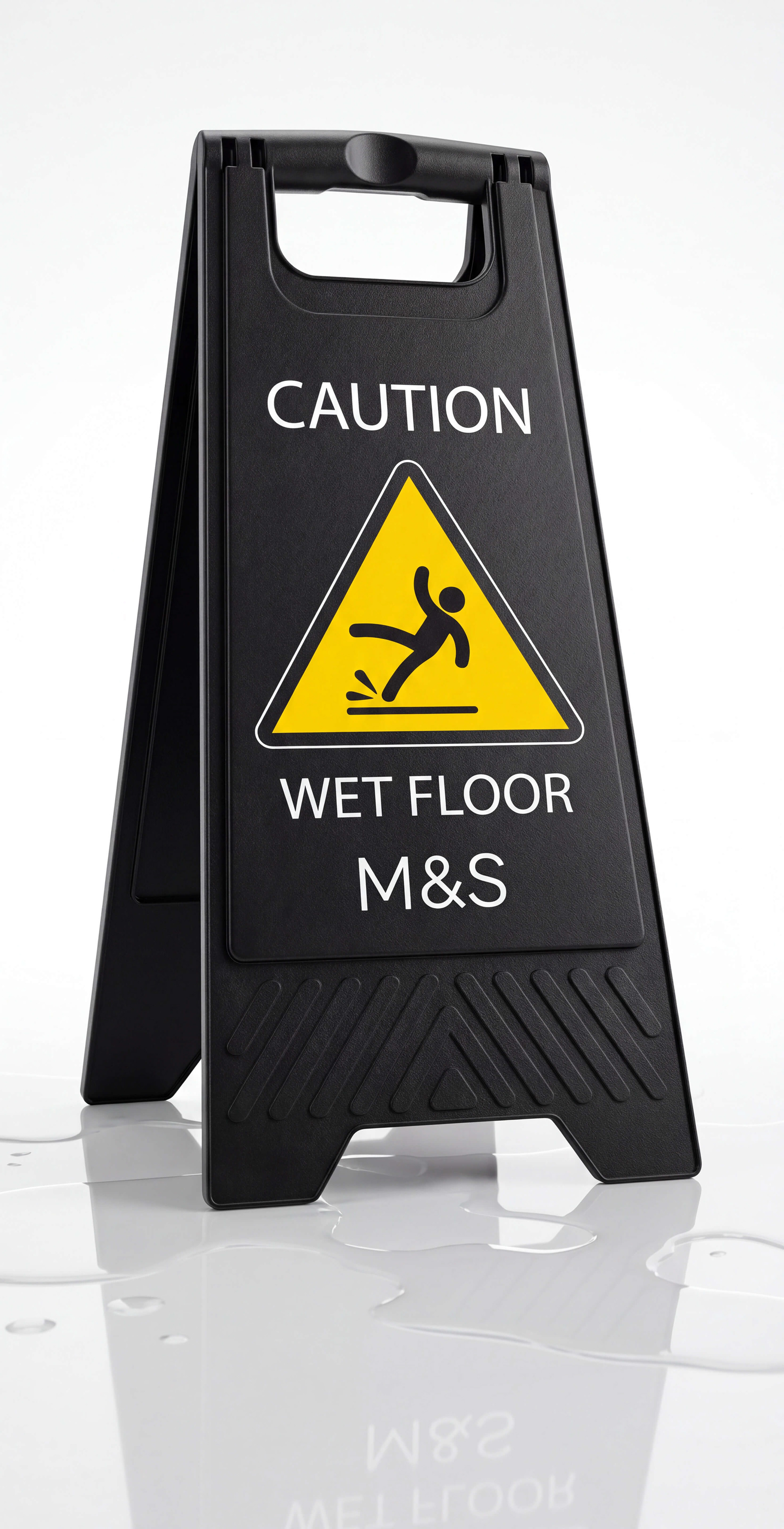 'Caution Wet Floor' sign, deployed across all M&S retail stores nationwide to ensure customer safety and regulatory compliance.