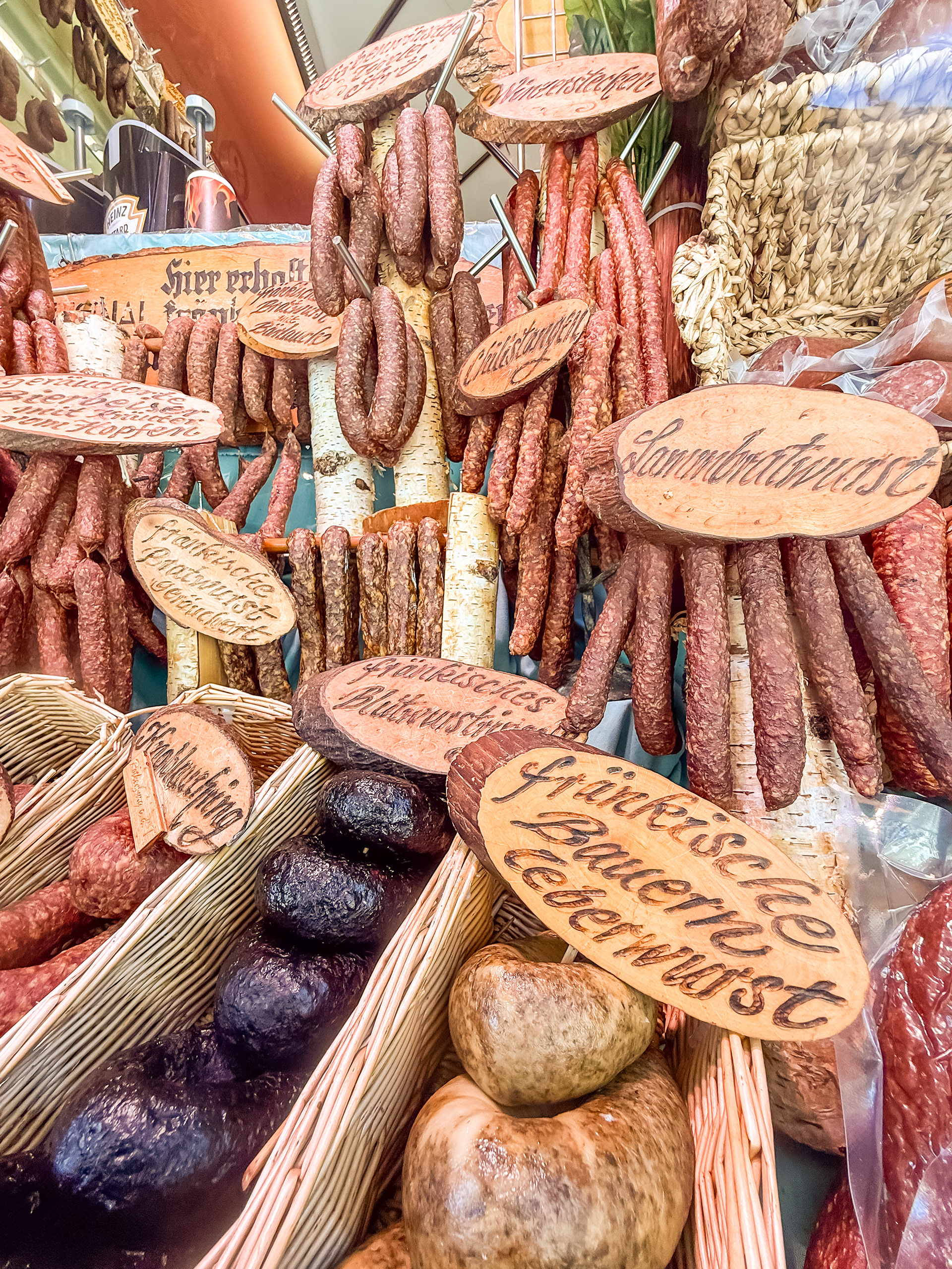 photographing sausages through a shop window