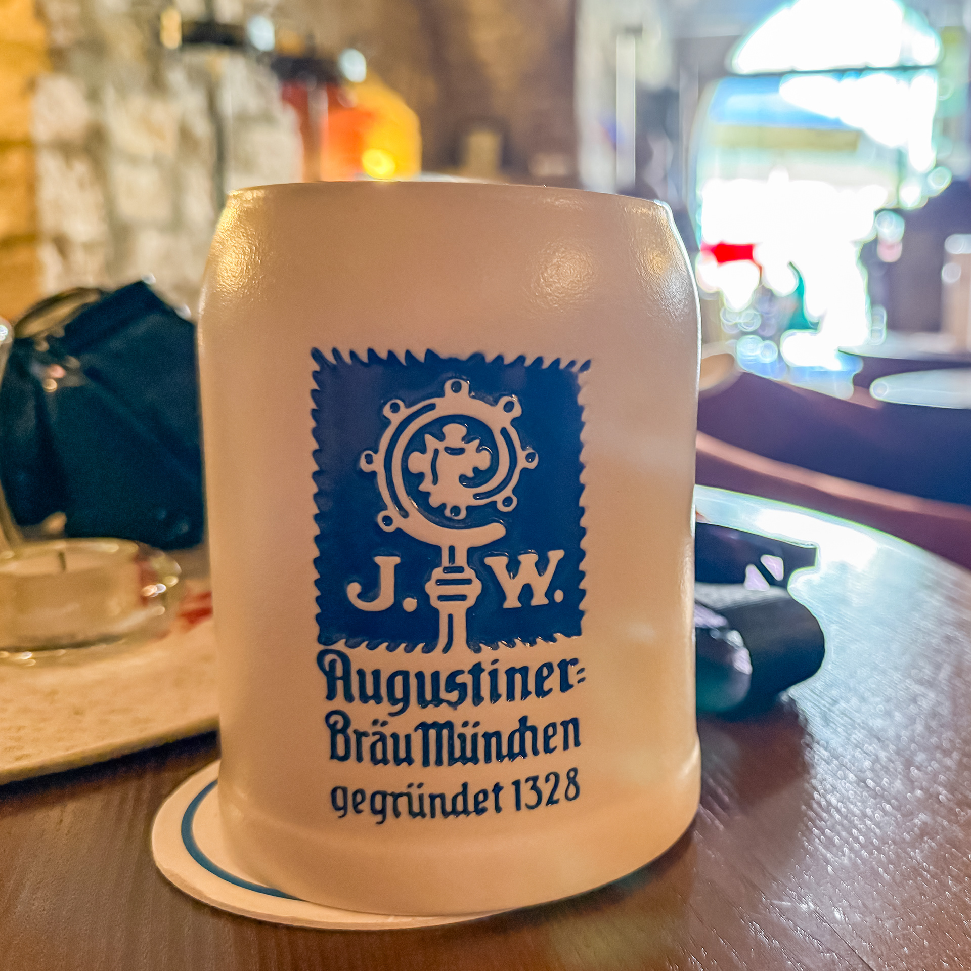 We stopped in for a drink and Jim's beer happened to have his initials "JW" on the mug! He ordered one off the internet when he got back home!