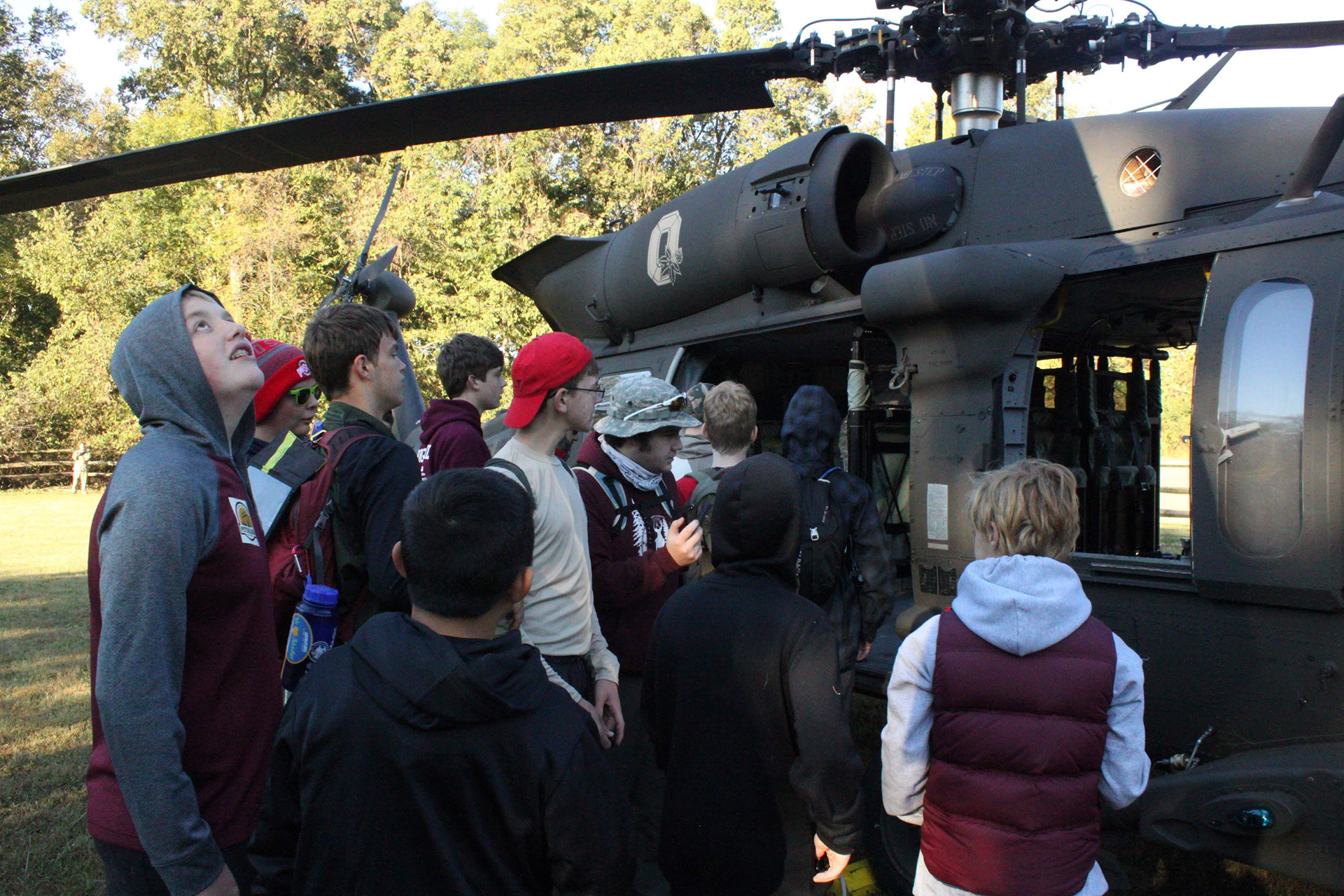 Scouts Explore a Blackhawk Helicopter at Peterloon.