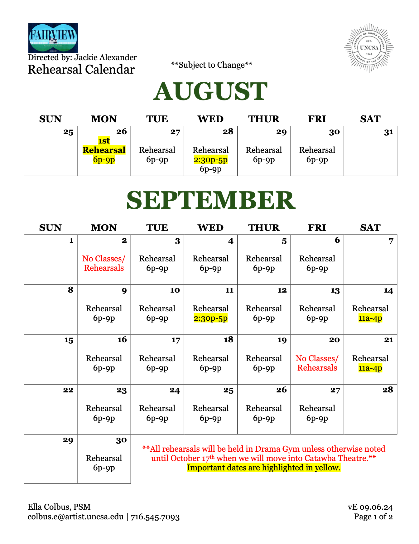 "Fairview" Rehearsal Calendar