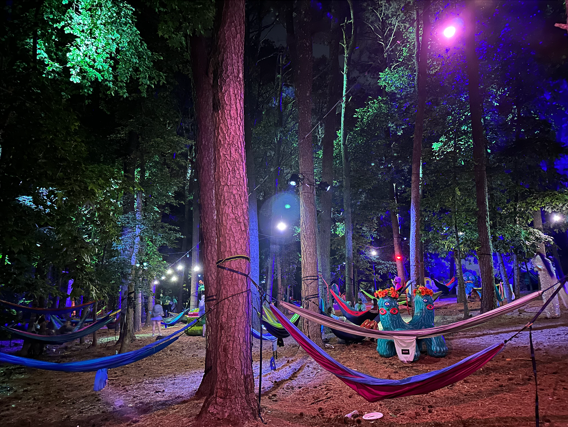 "The Grove" where we hung over 100 lights in the trees and ran power from tree to tree in the air. We used Astera AX5s for wireless DMX control to avoid excess cable overhead!