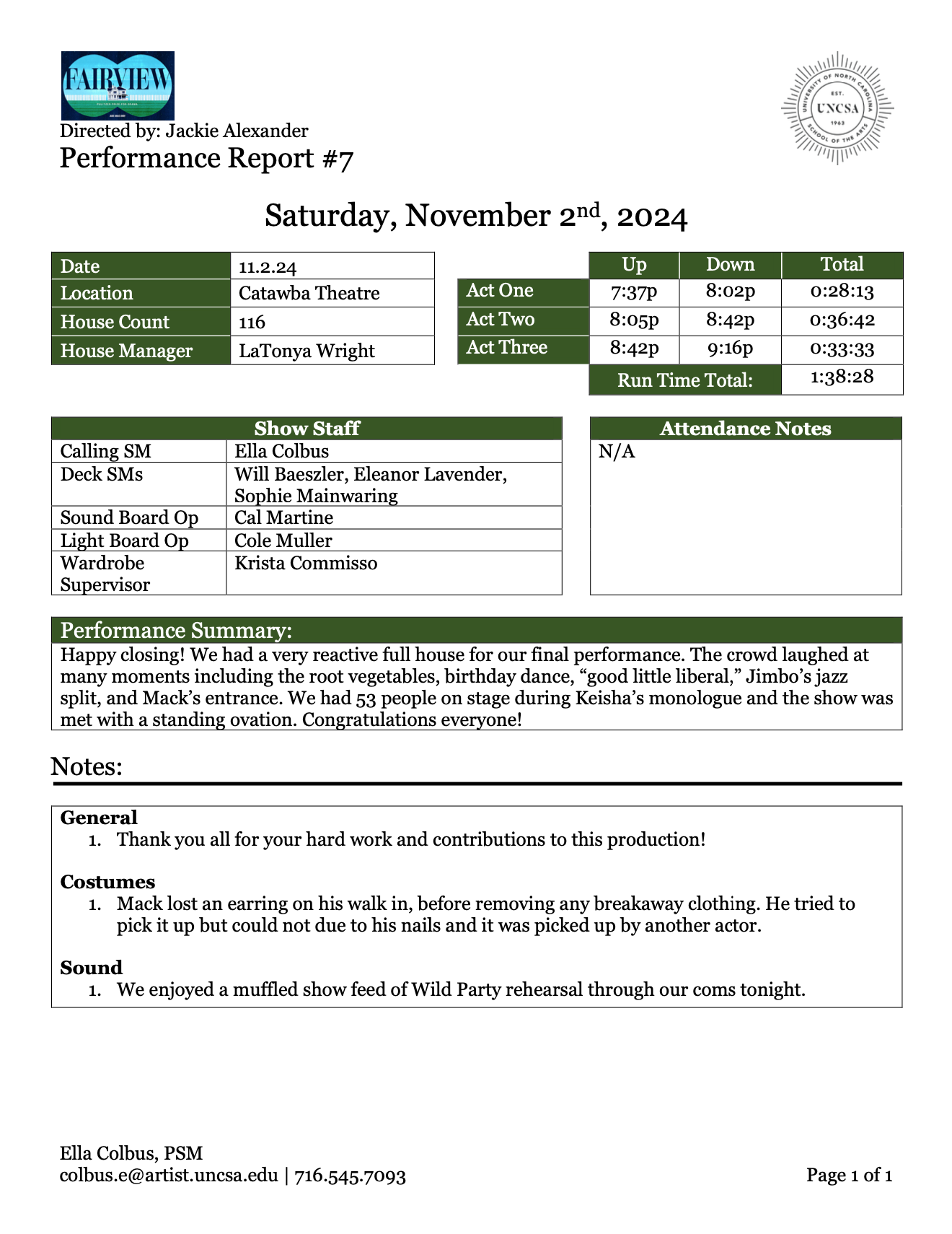 "Fairview" Performance Report