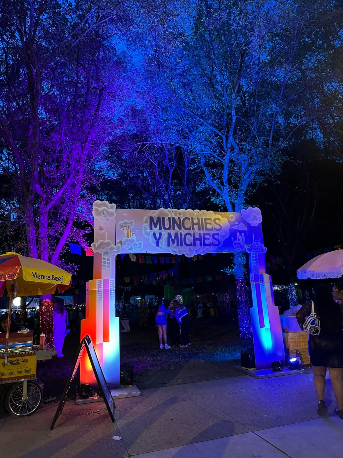 We lit many truss arches around the site like this one leading to the snack area.