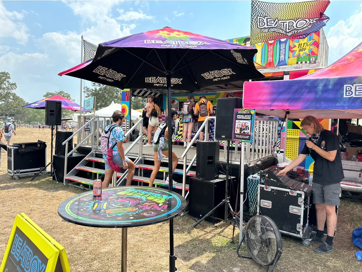 Installing a sound system to turn the Beat Box stand into a pop-up stage for a quick set from Beaches.