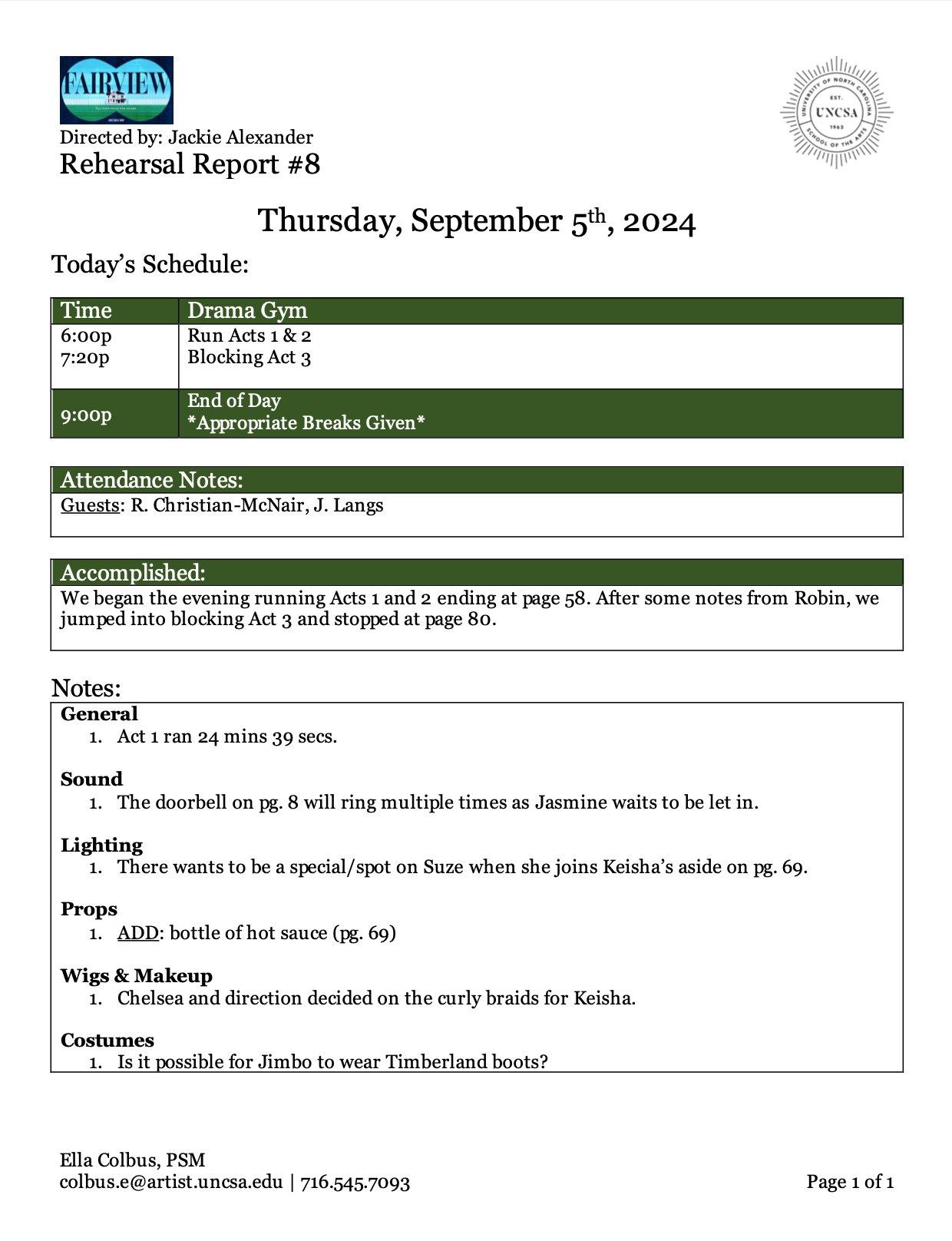 "Fairview" Rehearsal Report