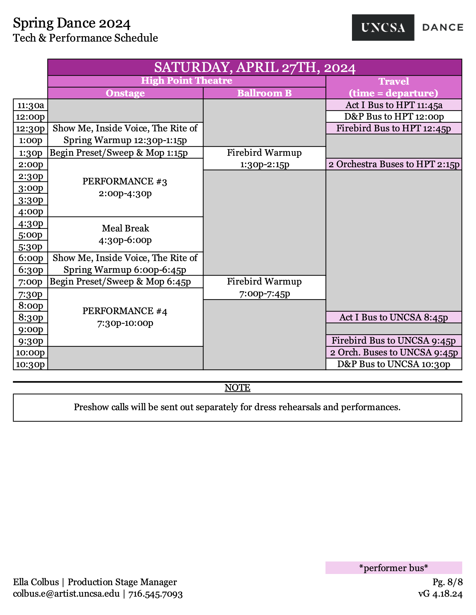 Schedule from a Two-Show Day
