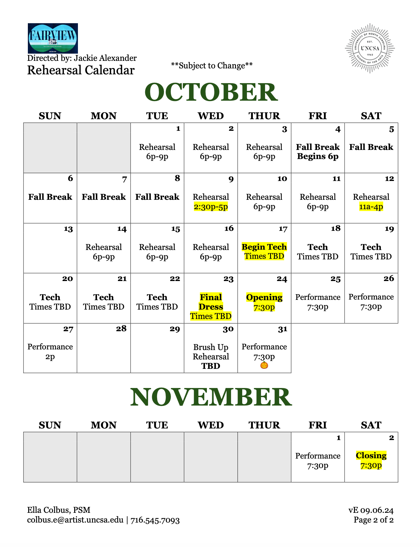 "Fairview" Rehearsal Calendar