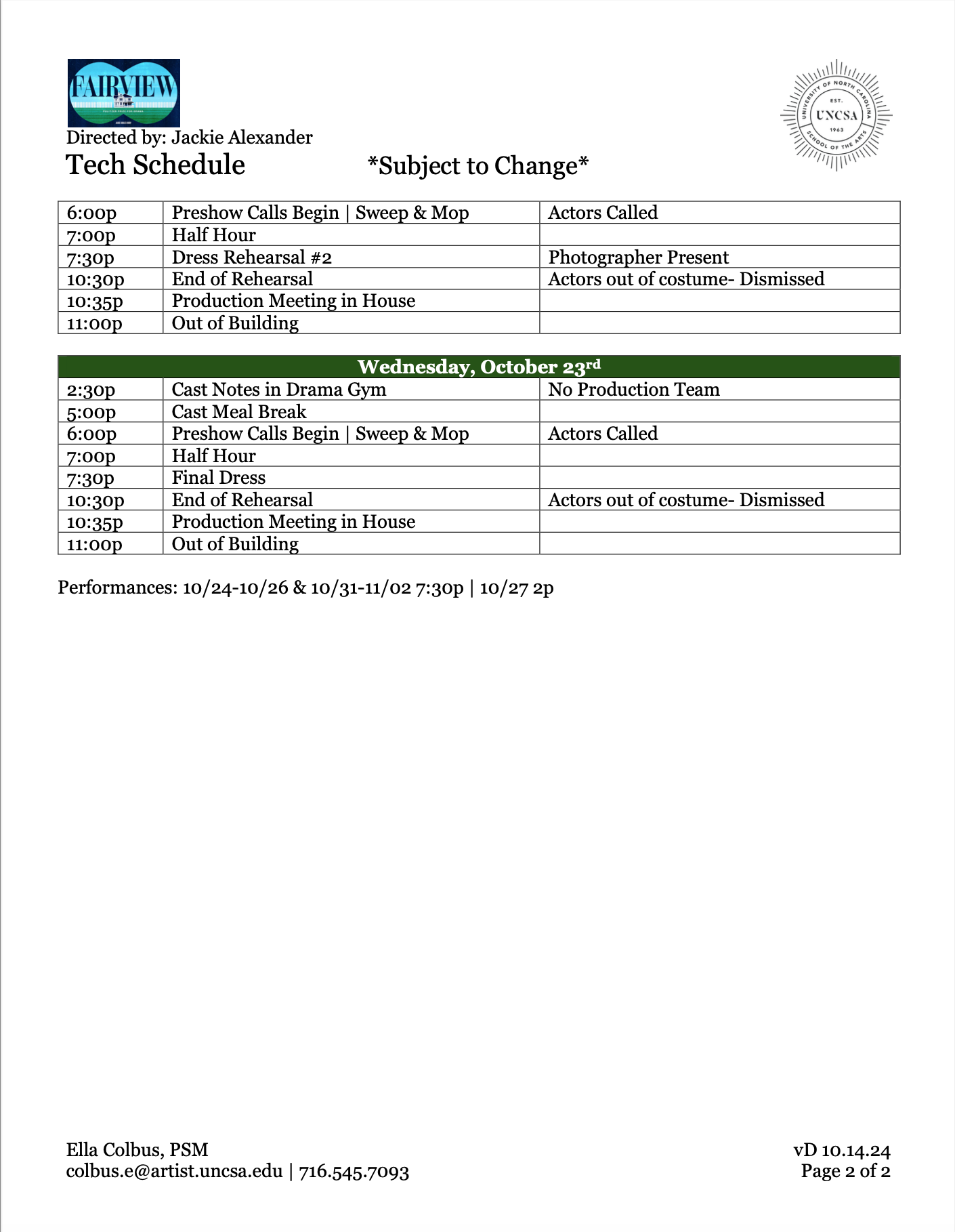 "Fairview" Tech Schedule