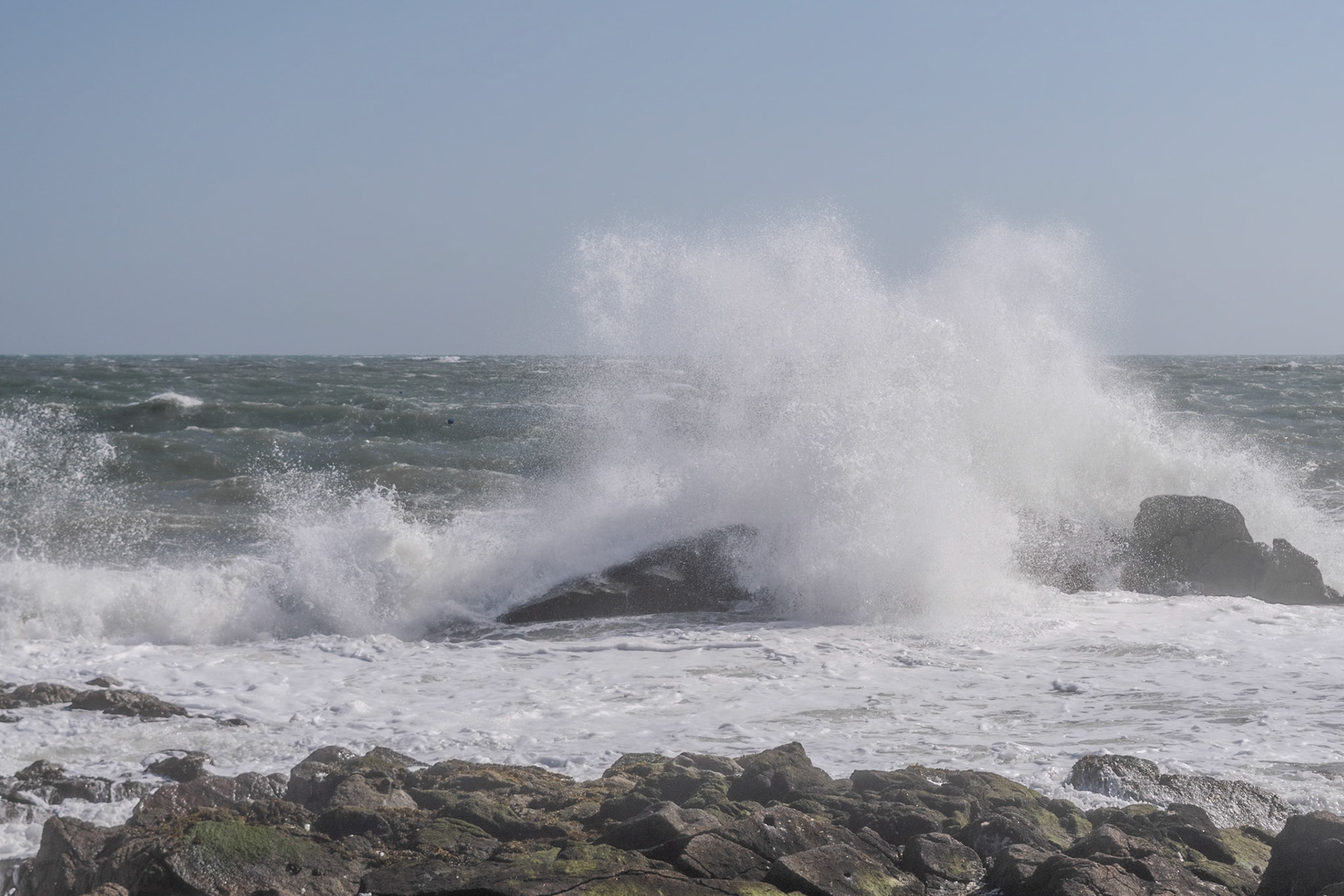 A study in contrast and chaos—where the relentless rhythm of the tide meets the immovable granite of the Dublin coast.