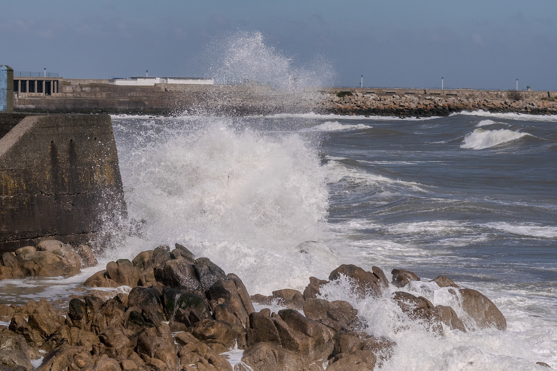 A study in contrast and chaos—where the relentless rhythm of the tide meets the immovable granite of the Dublin coast.