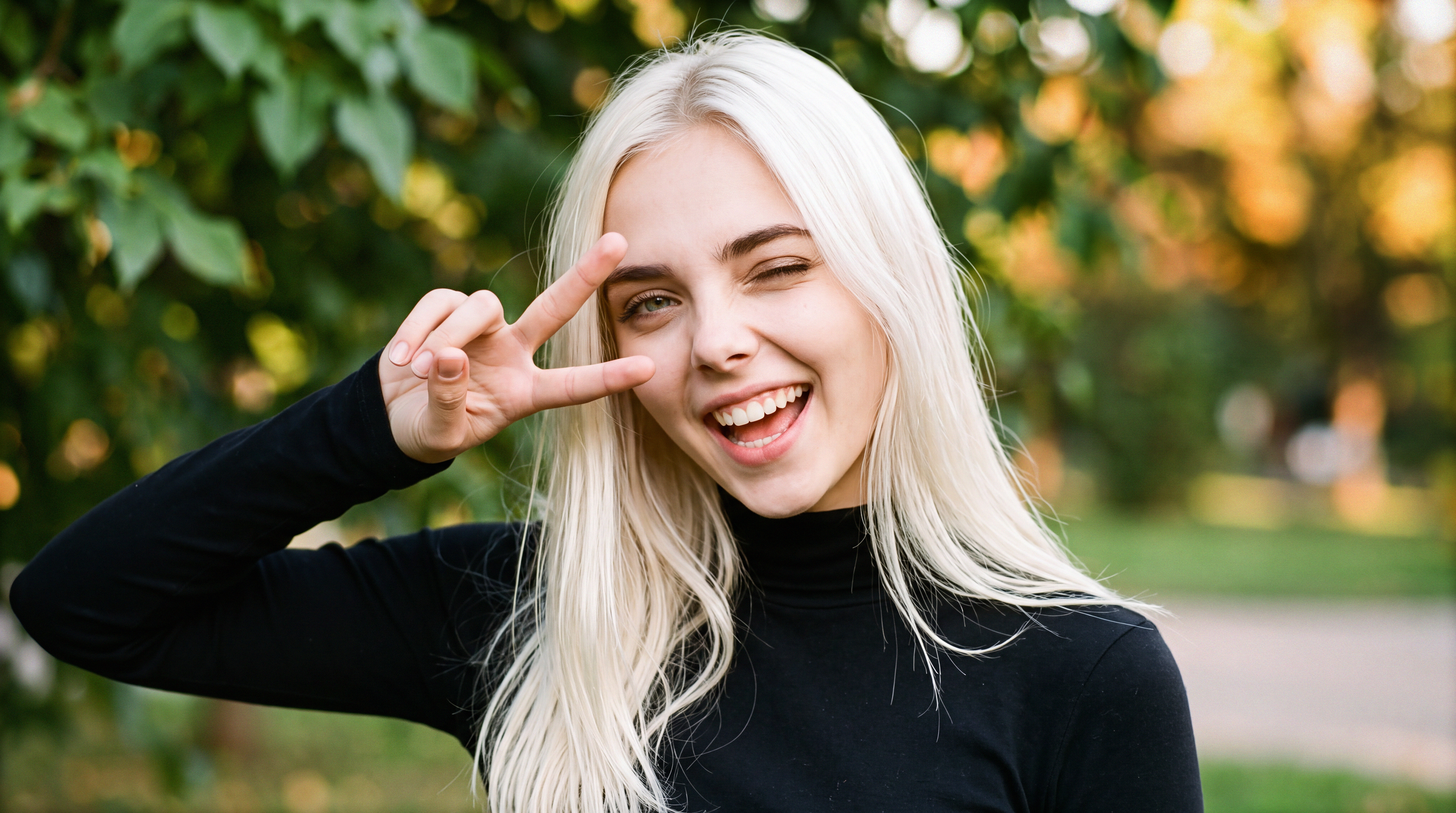 Editorial photograph of Lux Klein making a playful "v sign" pose in outdoor suburban setting.