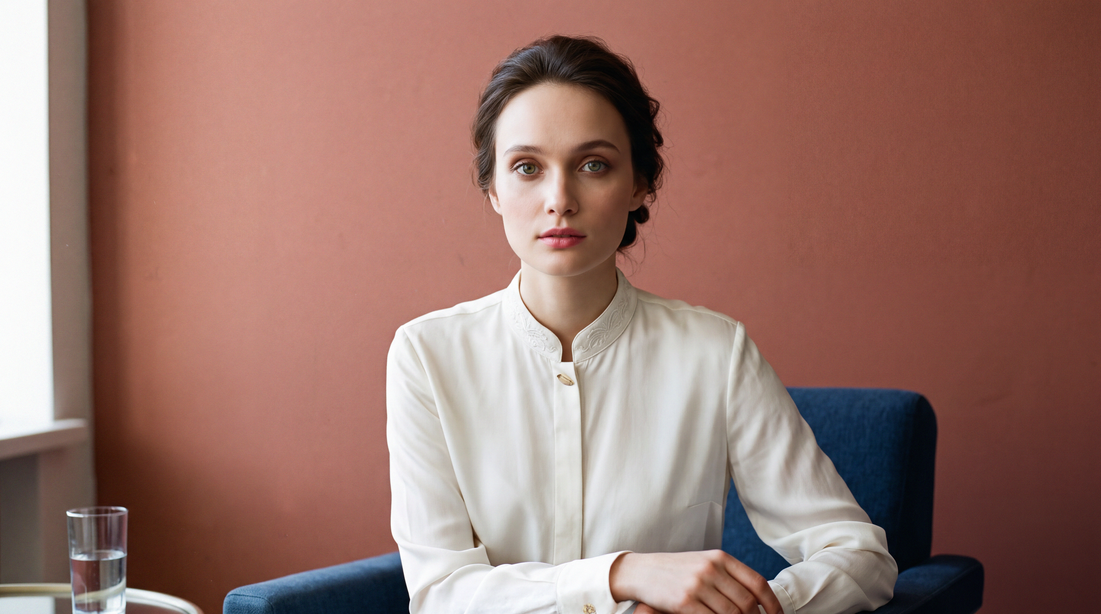 Interview photograph of Kataya Bielová in cozy room beside glass of water looking directly at viewer.