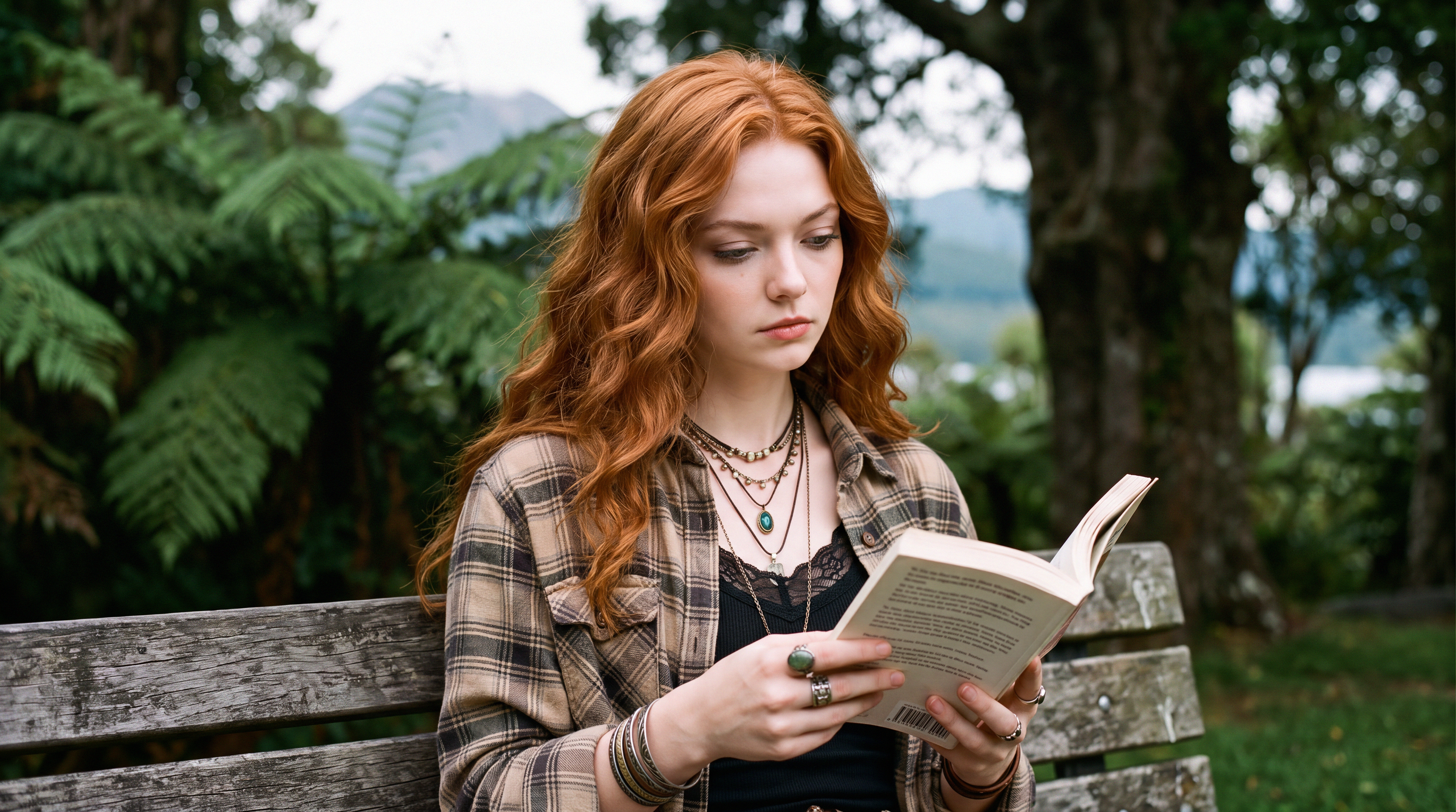 Rose Molyneux reading a book on park bench in New Zealand. Rm̲ album announcement editorial photo.