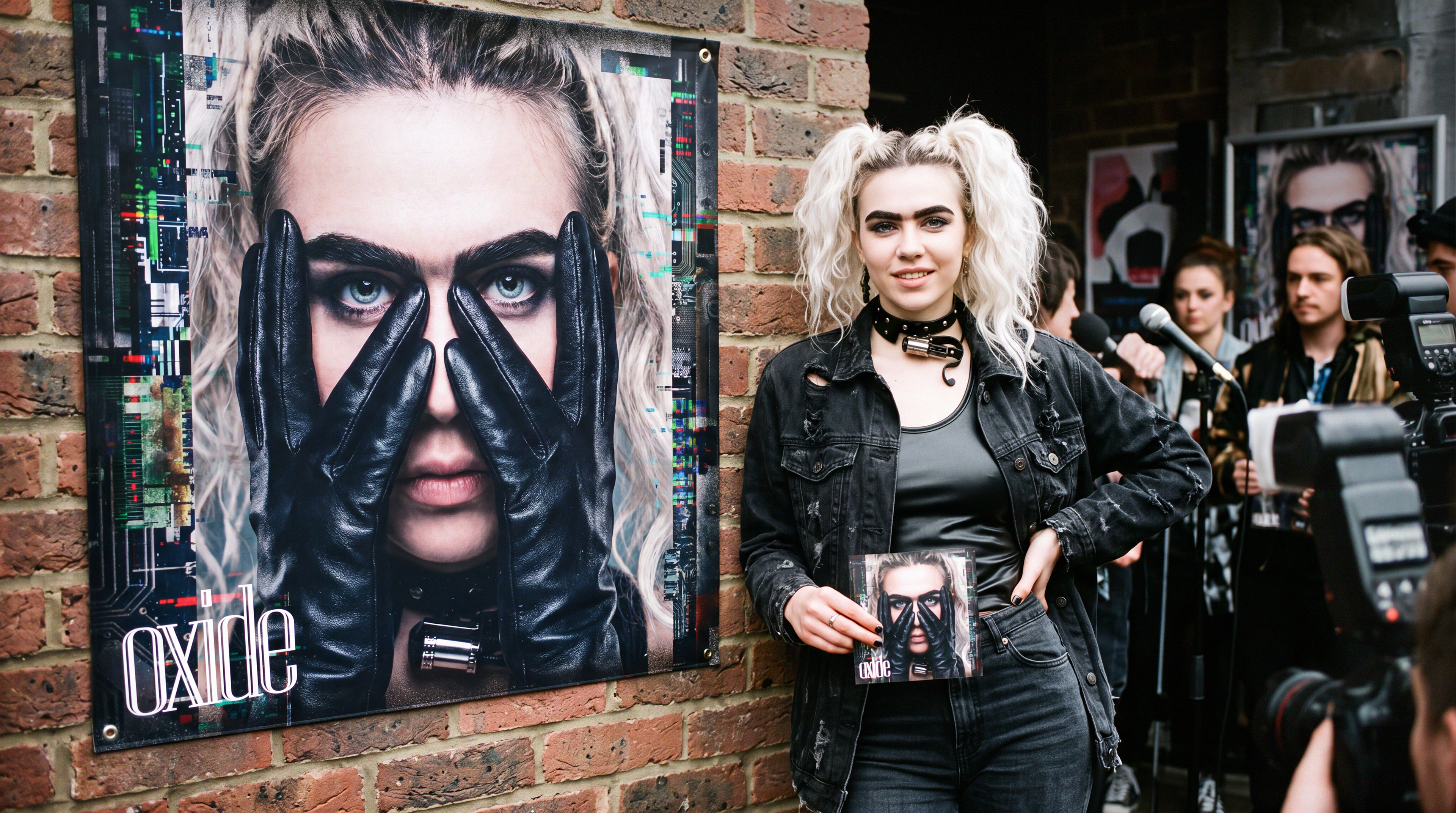 Sylvie Christiansen holding "Oxide" CD next to promotional banner at press event.