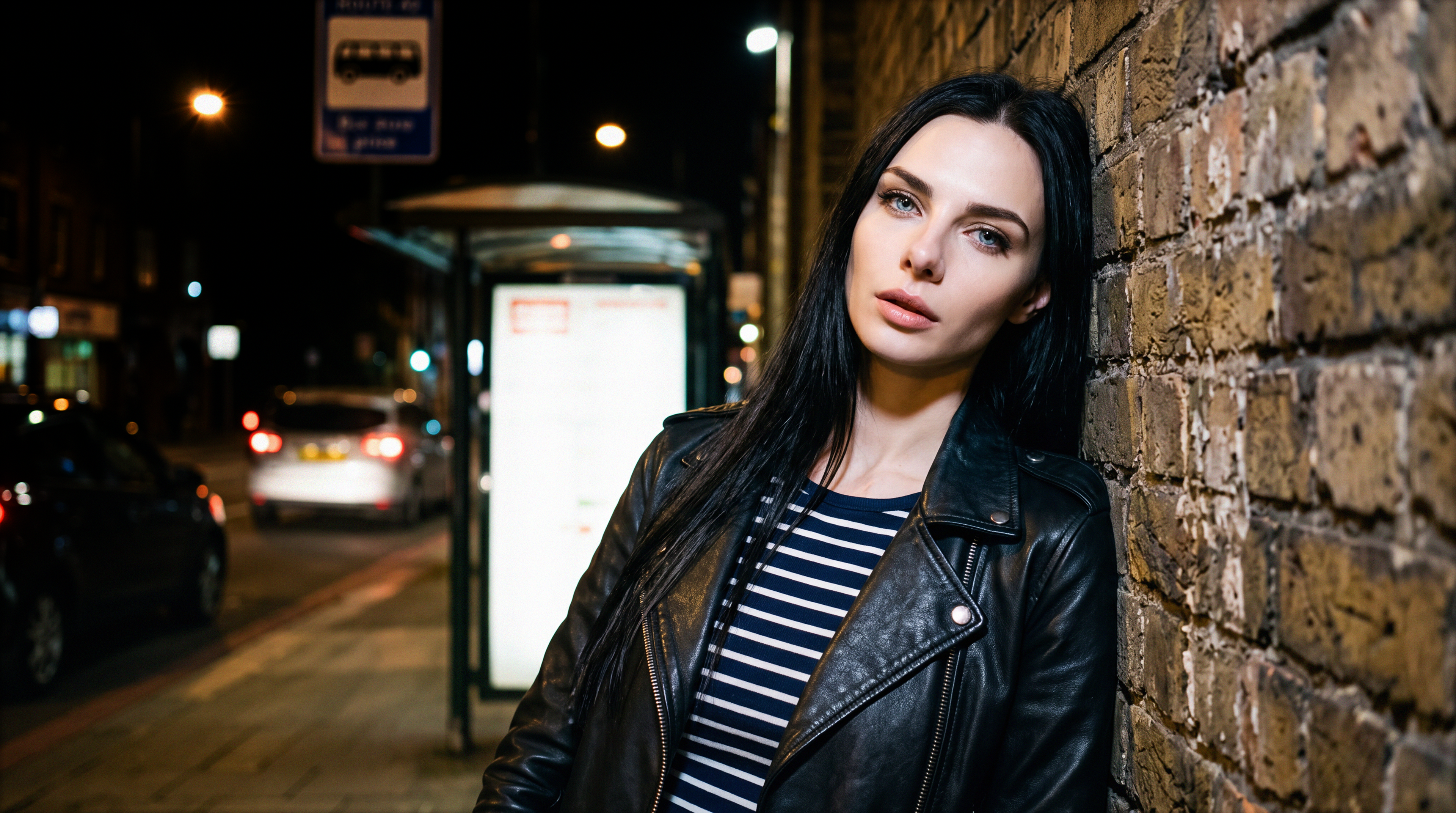 Demitra Kalnina leaning against wall in dark city street next to bus stop for her Twentynine Palms' release announcement, her debut album.