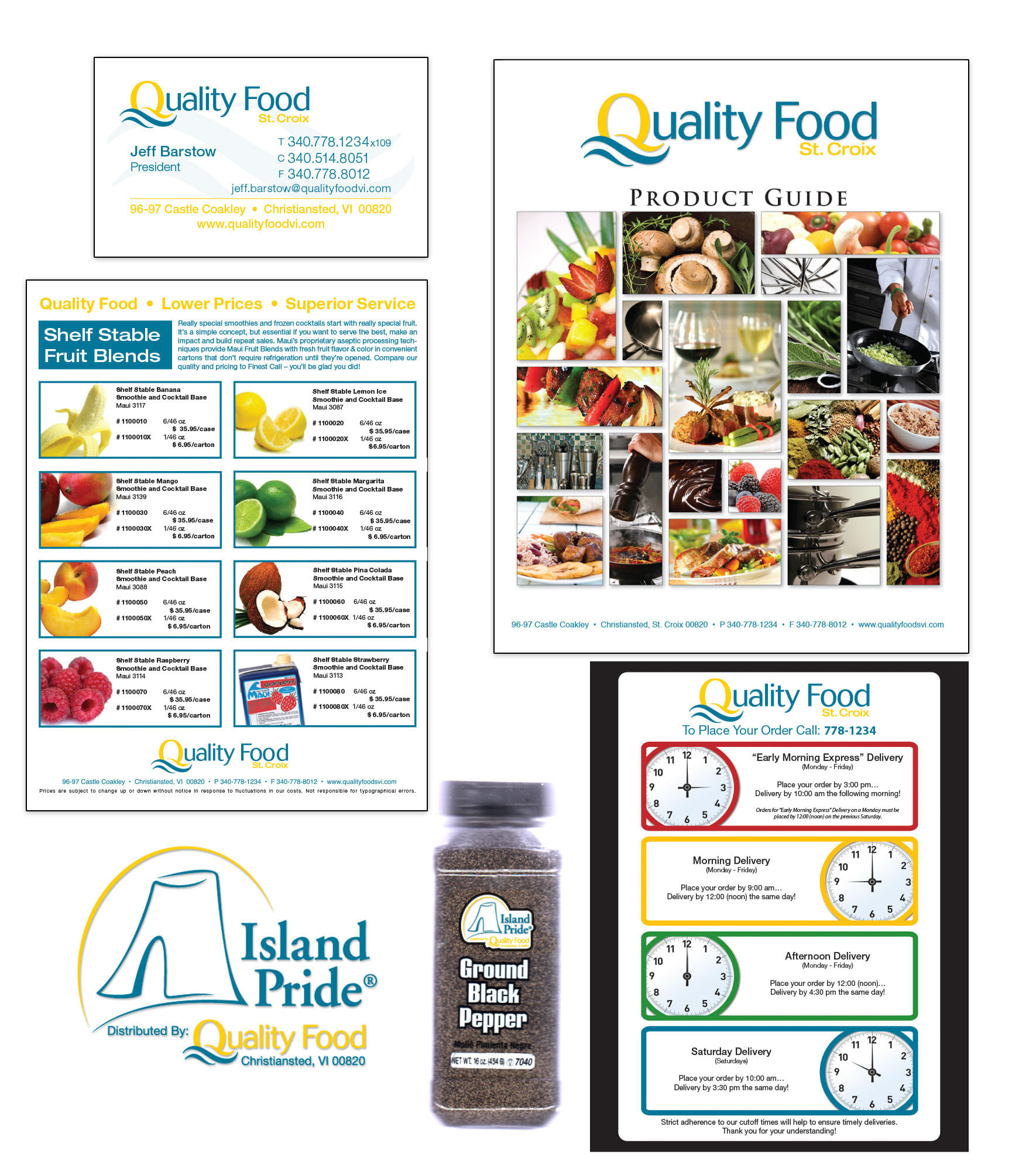 - Restaurants and catering businesses on St. Croix, USVI depend on long-established company, Quality Foods St. Croix, to dependably provide the fine food products necessary to feed the islanders. In 2008, a new president signed on and decided it was time for a brand overhaul with a goal to put forward a more appealing, modern, and colorful presentation for their customers. The product guide cover and weekly sales flyers were developed to engage customers by featuring relevant products. 	- Island Pride® is the off-label brand developed by Quality Foods. The logo was developed to compliment the QF marketing collateral in color and style. Custom labels for a variety of products were created utilizing photography from the local island area.