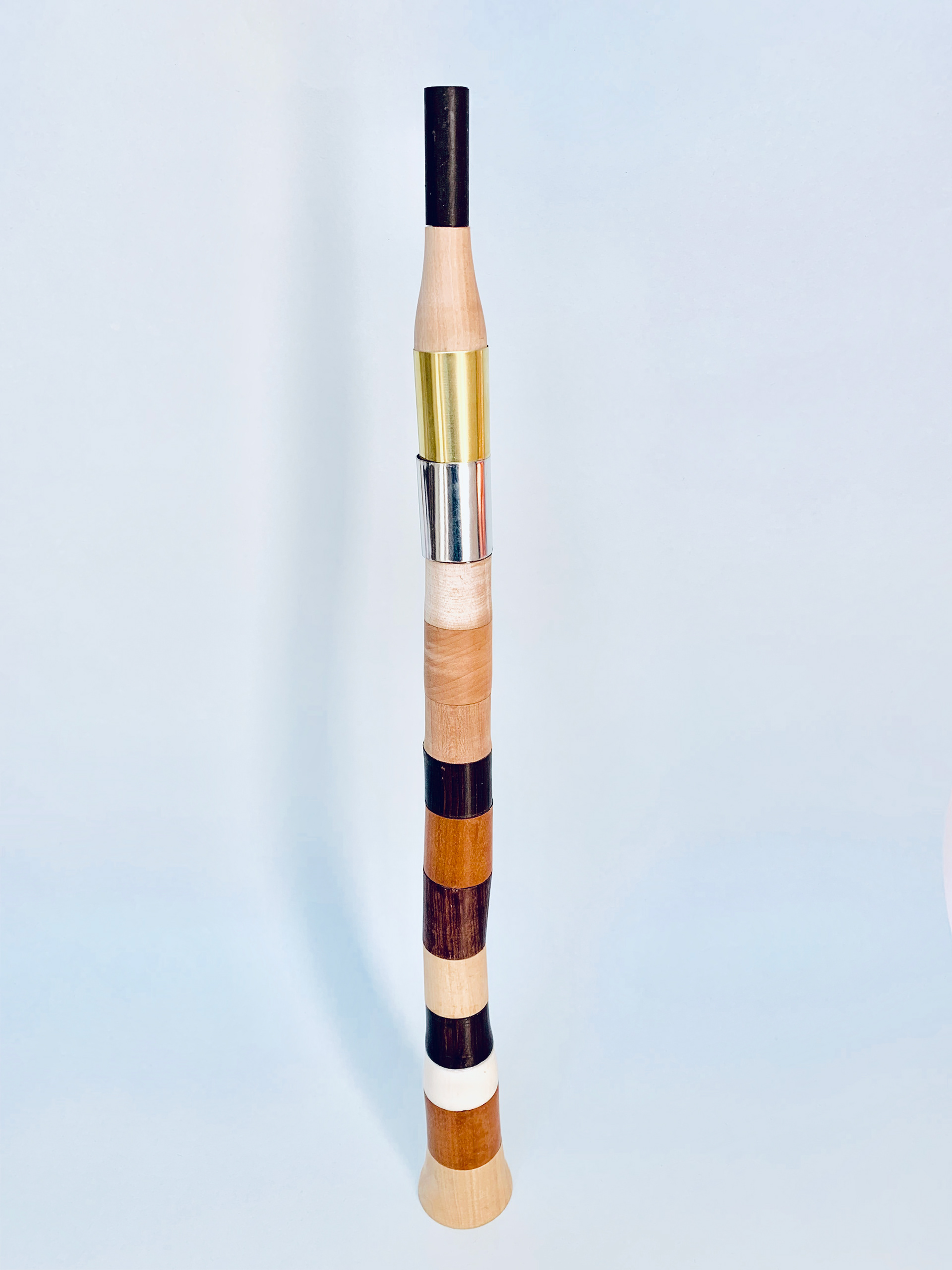 Materials (from top): Ebonite, Cocus Wood, Brass, Silver, Maple Wood, Pear Wood, Cherry Wood, Ebony, Brown Ivory, Rosewood, Boxwood, African Blackwood, Ivory (a polyester alternative), Brown Ivory, Boxwood