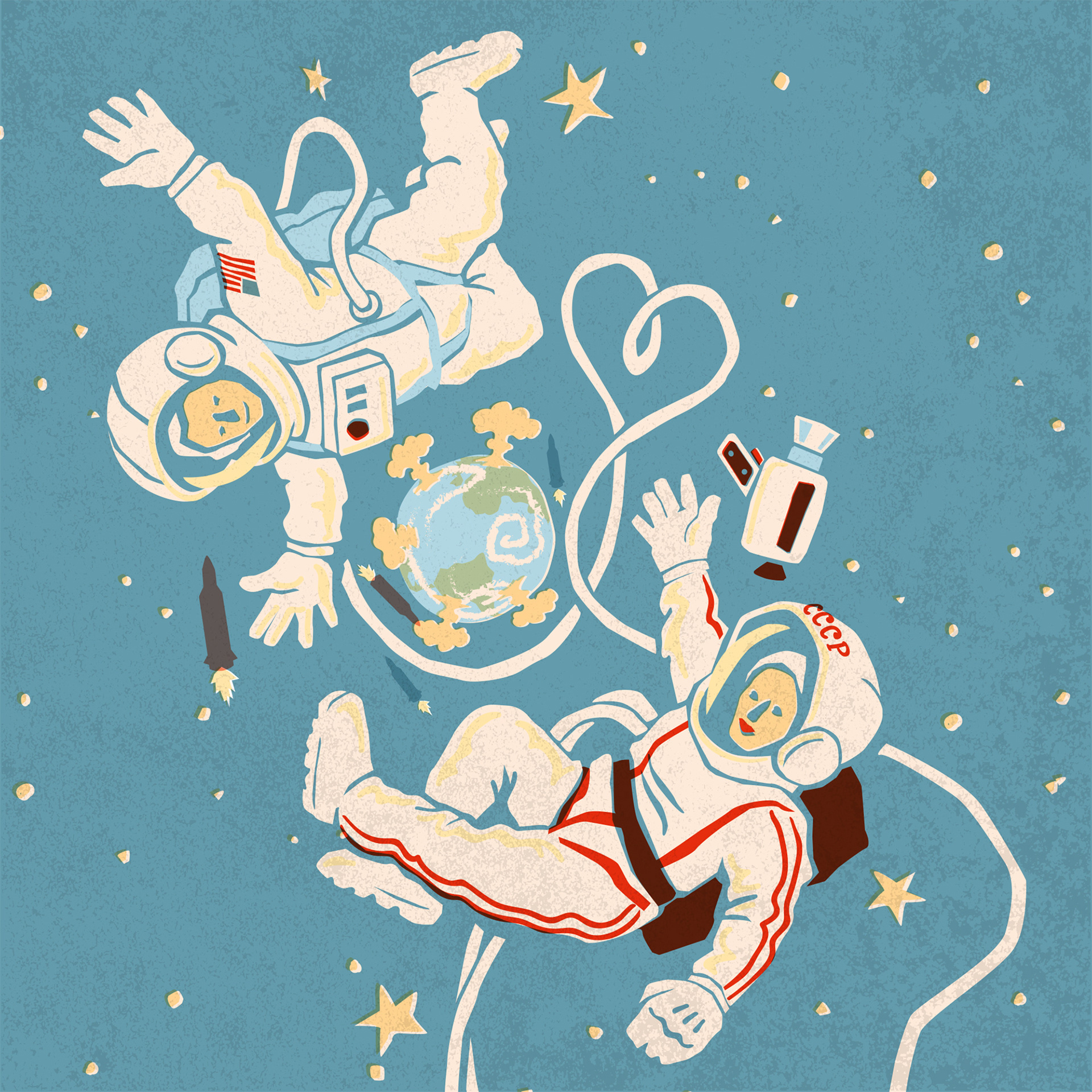 Illustration eines amerikanischen Astronauten und einer sovietischen Kosmonautin im Weltall
