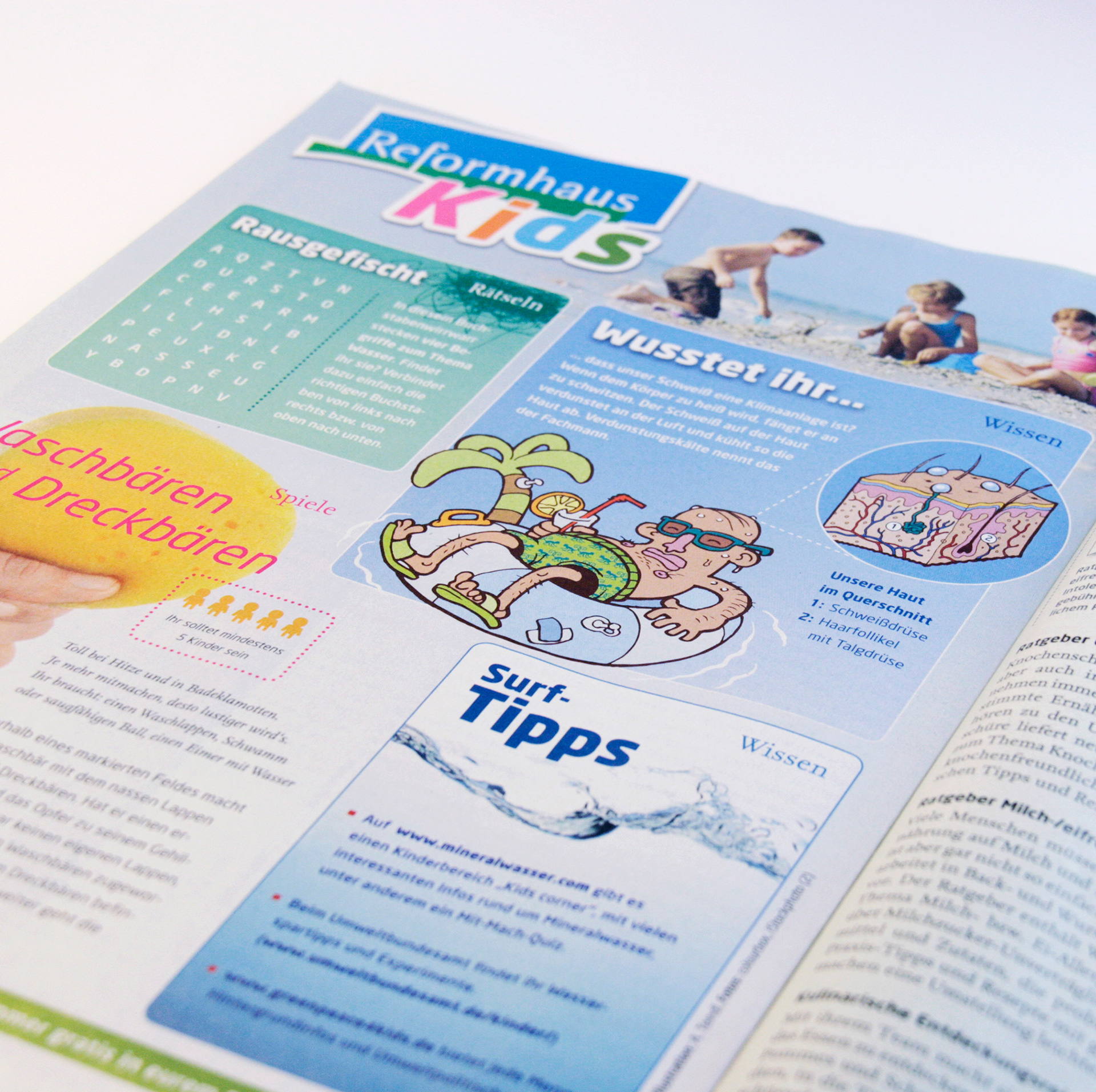 Foto einer illustrierten Kinderseite des Kundenmagazins „RefomhausKurier“