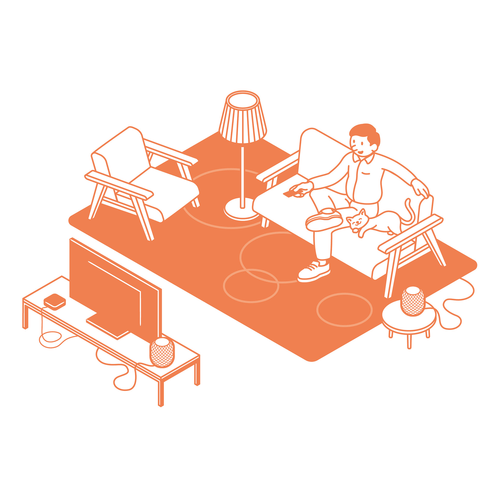 Illustration eines Mannes mit Katze im Wohnzimmer bei der Bedienung von smarten Elektronikgeräten