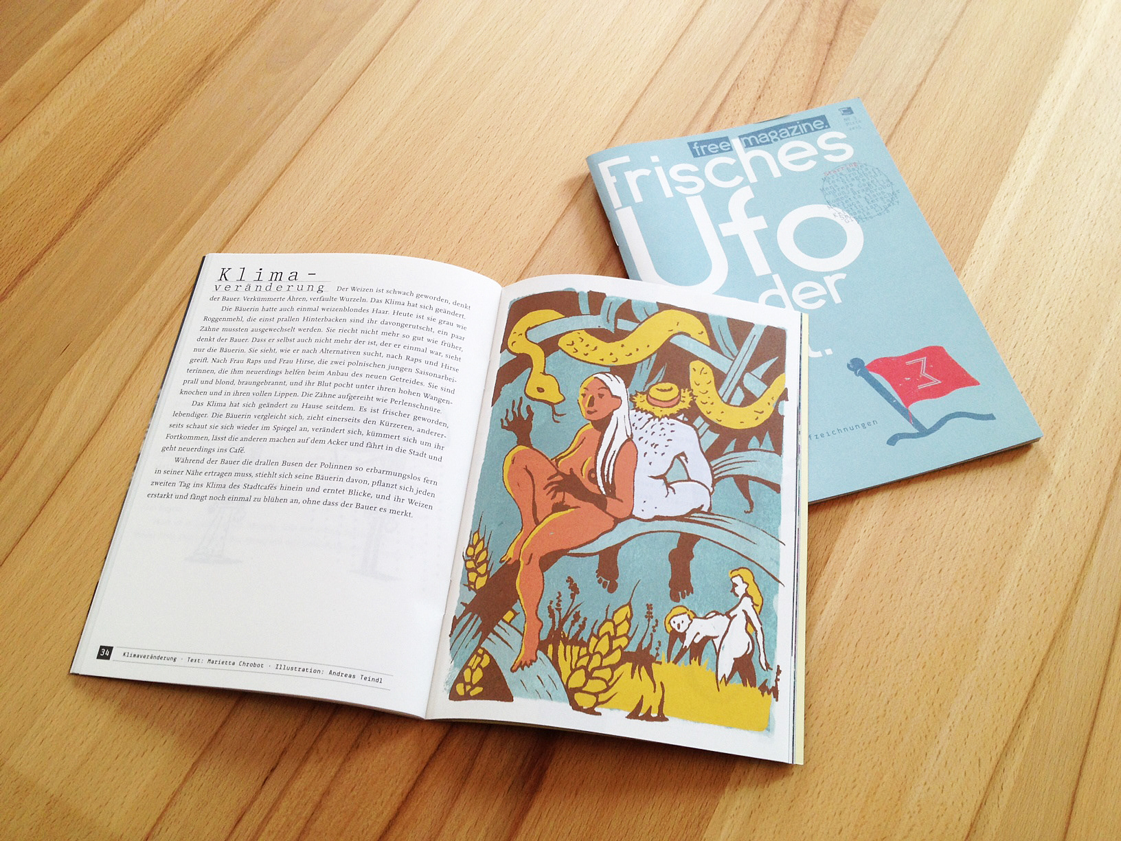 Foto einer illustrierten Doppelseite des Magazins „Frisches Ufo vor der Stadt“