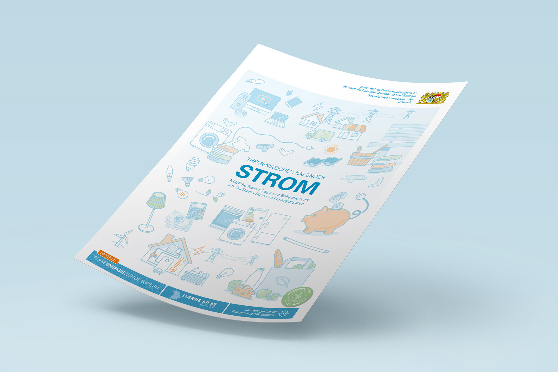 Illustriertes Titelblatt des Themenwochen-Kalenders „STROM“ des Bayerischen Staatsministeriums für Wirtschaft, Landesentwicklung und Energie