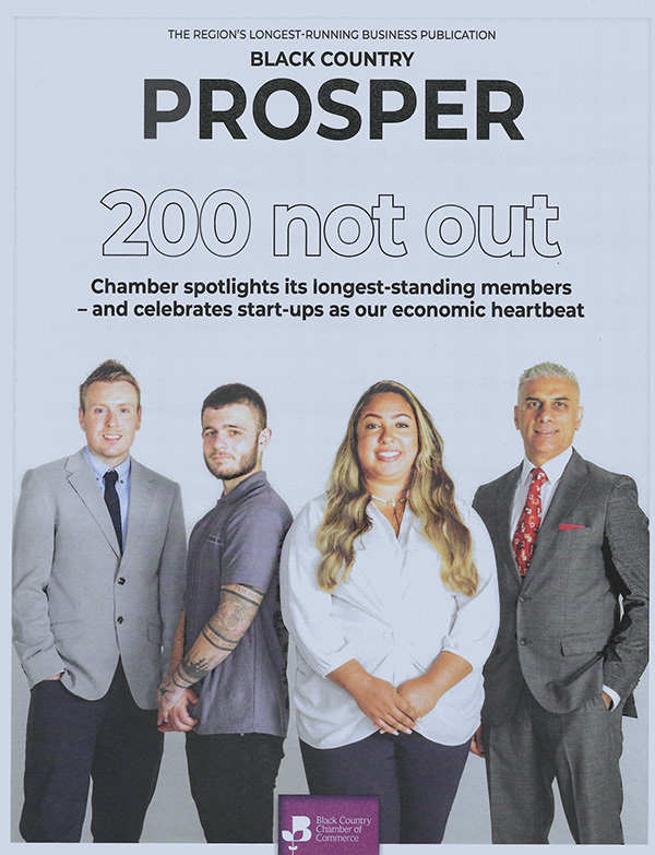 Proser Magazine - A magazine cover showing a group of four people, there are three men and one woman. the text on the cover reads " Black country prosper, 200 not out , Chamber spotlights its longest standing members"