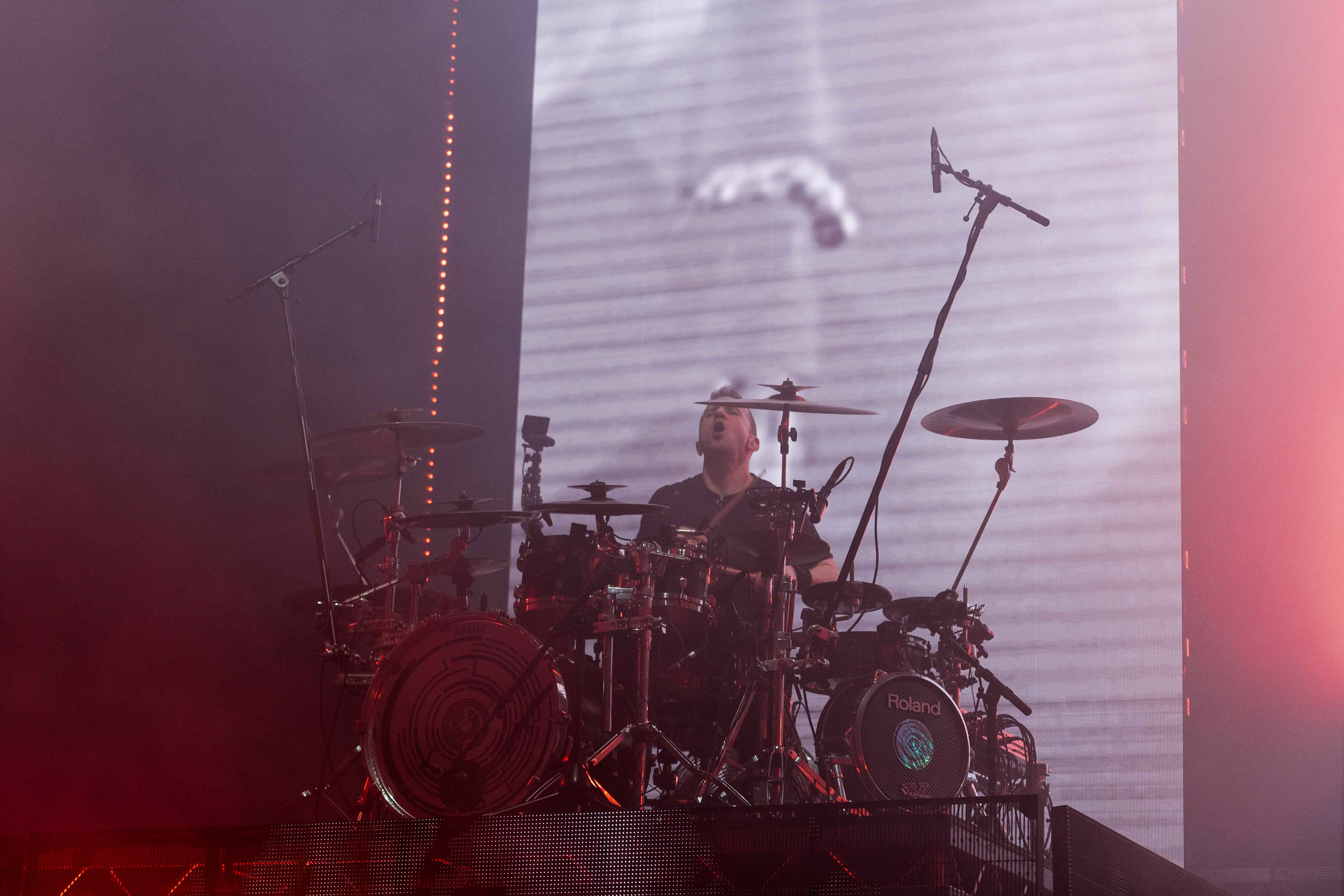 KJ Sawka, Drummer of Pendulum, performing live on stage at First Direct Arena in Leeds on Sunday 24th March 2024