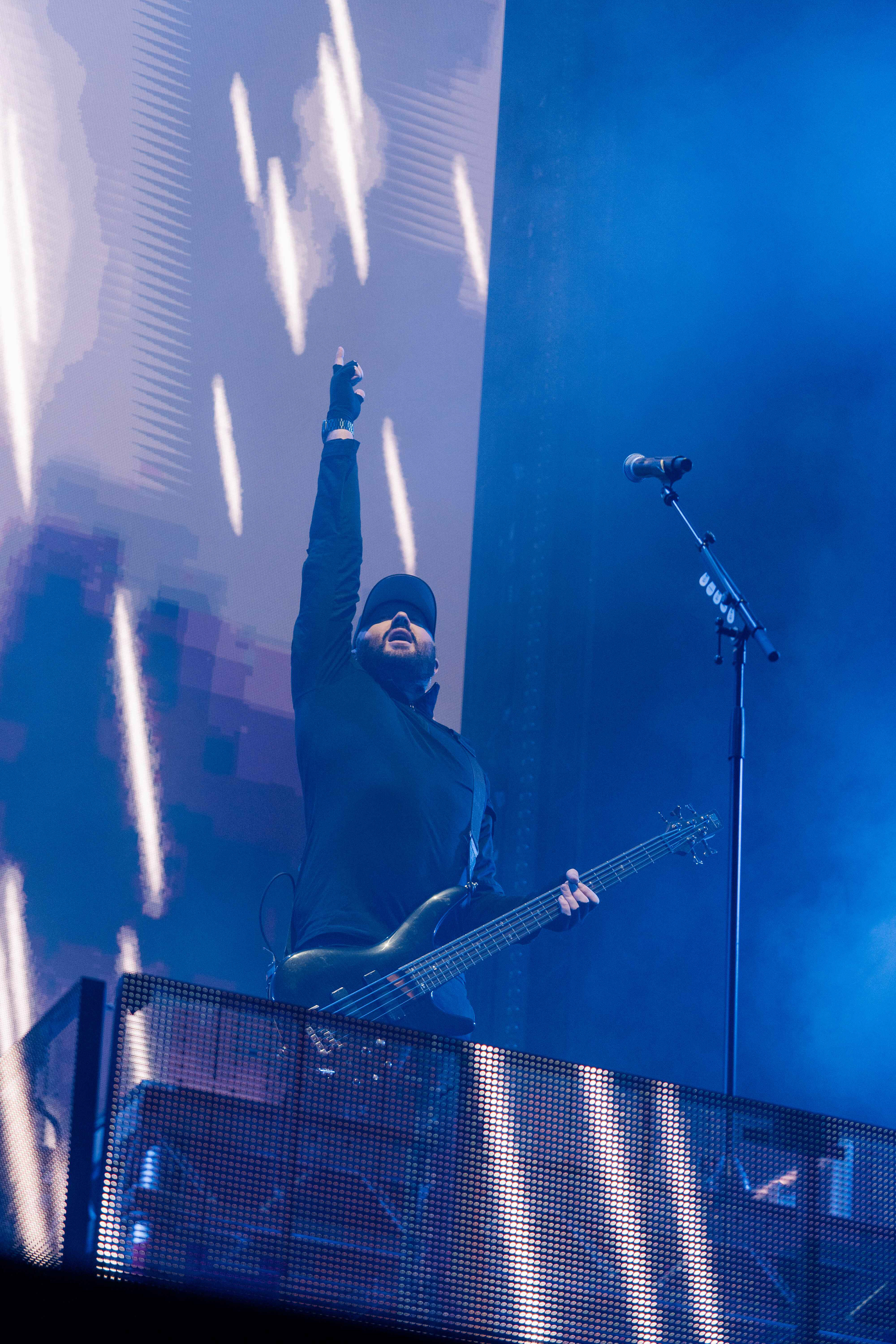 Gareth McGrillen, Bassist of Pendulum, performing live on stage at First Direct Arena in Leeds on Sunday 24th March 2024