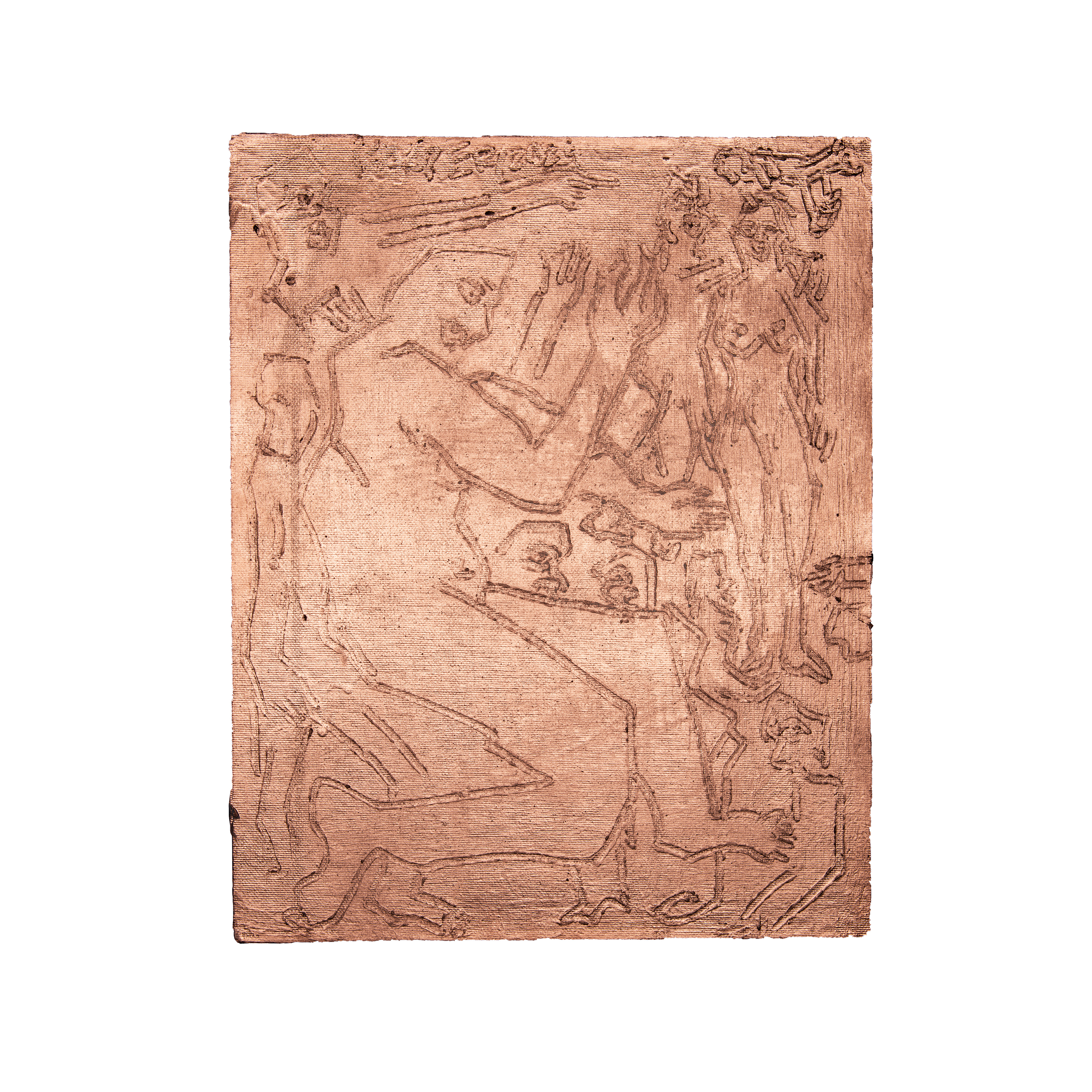 1250 PLN / Miedziana tablica /32,5x 19 cm, farba z domieszką miedzi w spray'eu, ryta na tablicy malarskiej