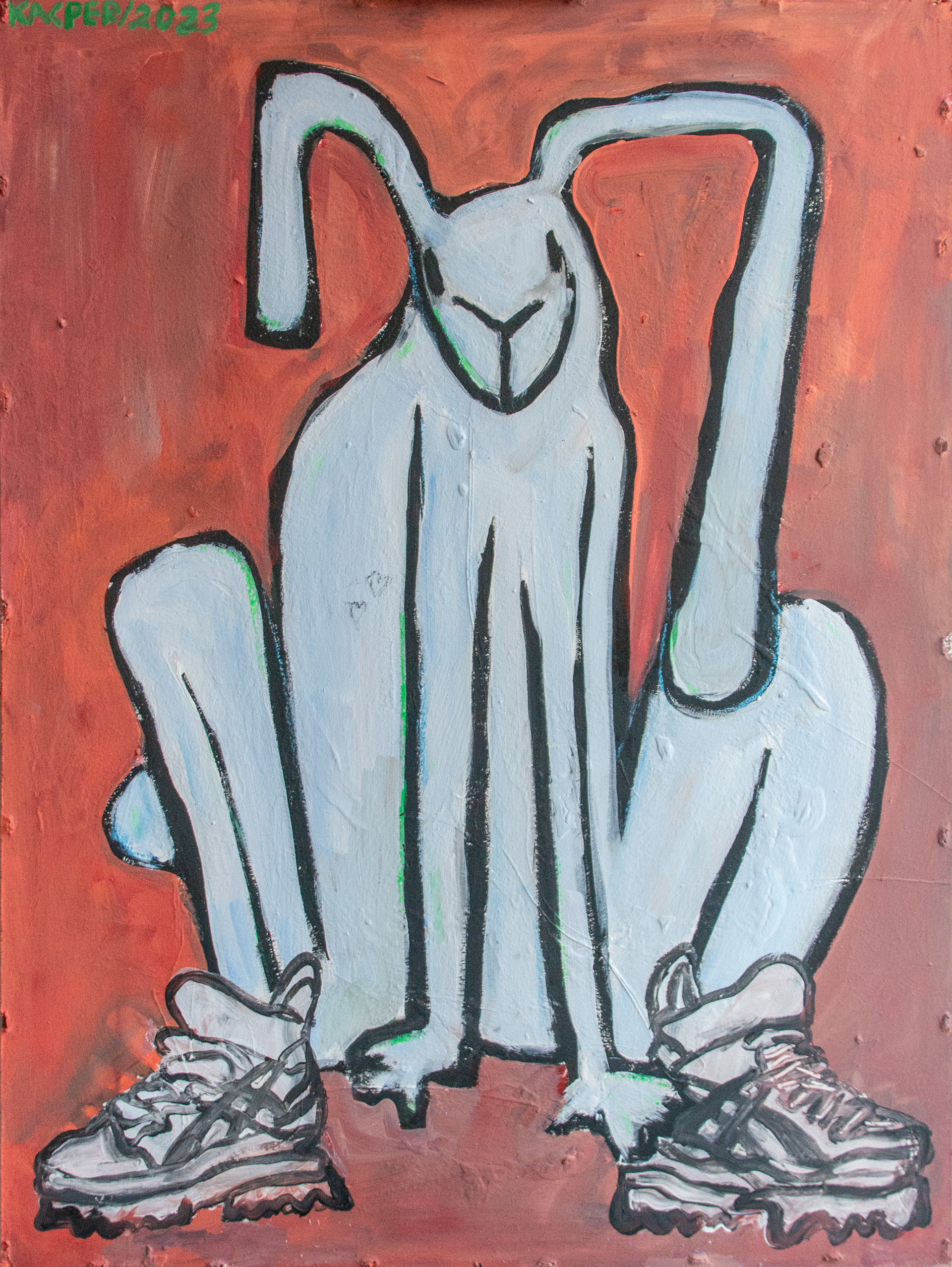 850 PLN / 220 USD / 210 EUR / "Nowe buty (białe)" / "New shoes (white ones)" 80x65cm / olej, akryl, pastel olejna, ołówek, lakier do paznokci, węgiel, na drewnie