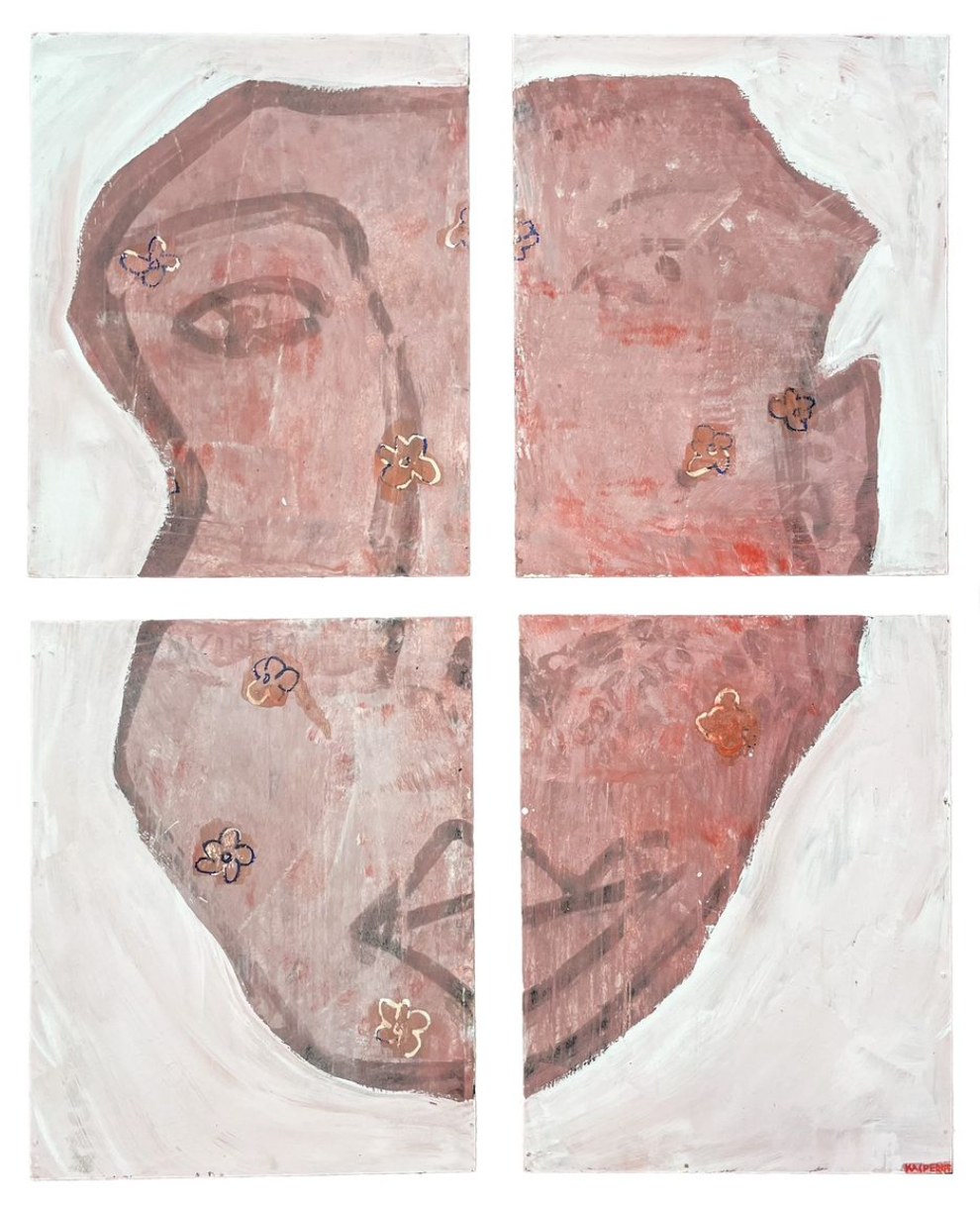 1250 PLN / Poliptyk "Duża twarz" /104x86 cm (poszczególne kafle 52x43 cm), farba akrylowa, pastel sucha, pastel olejna, kredka na drewnianej dykcie