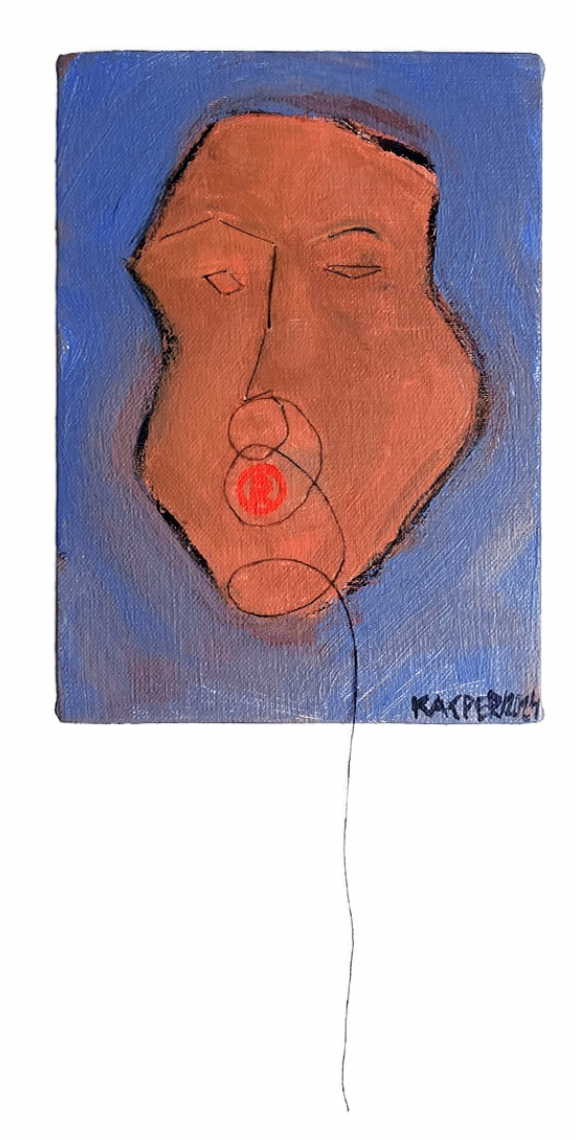 890 PLN / "Twarz z nitką" /13x8 cm farba akrylowa, węgiel, pastel olejna, pastel sucha, nitka bawełniana na bawełnianym płótnie