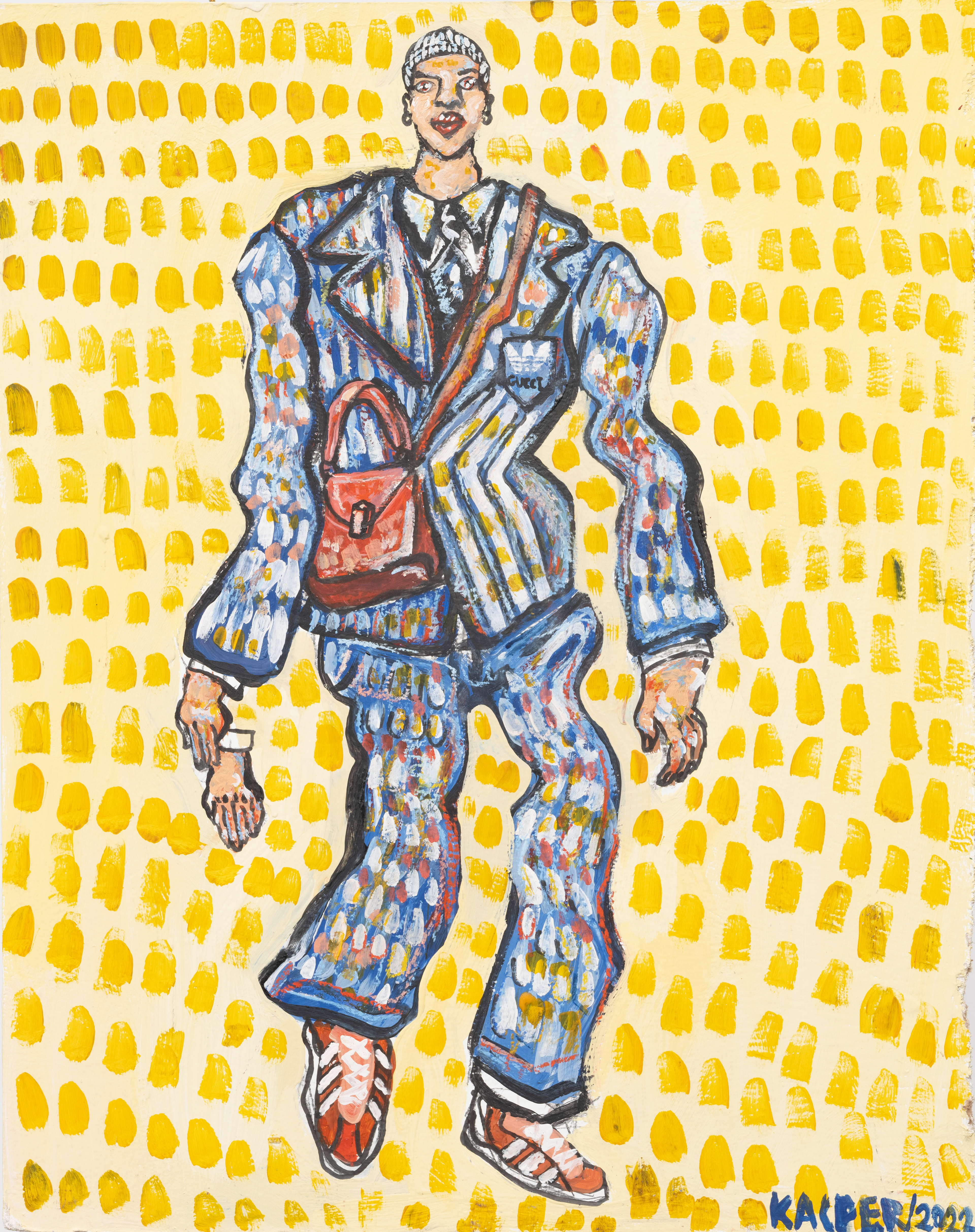 750 PLN / 215 $ / 200 EUR / "Blue suit" by Kacper Kucharczyk, Mixed Media on Paper Plywood