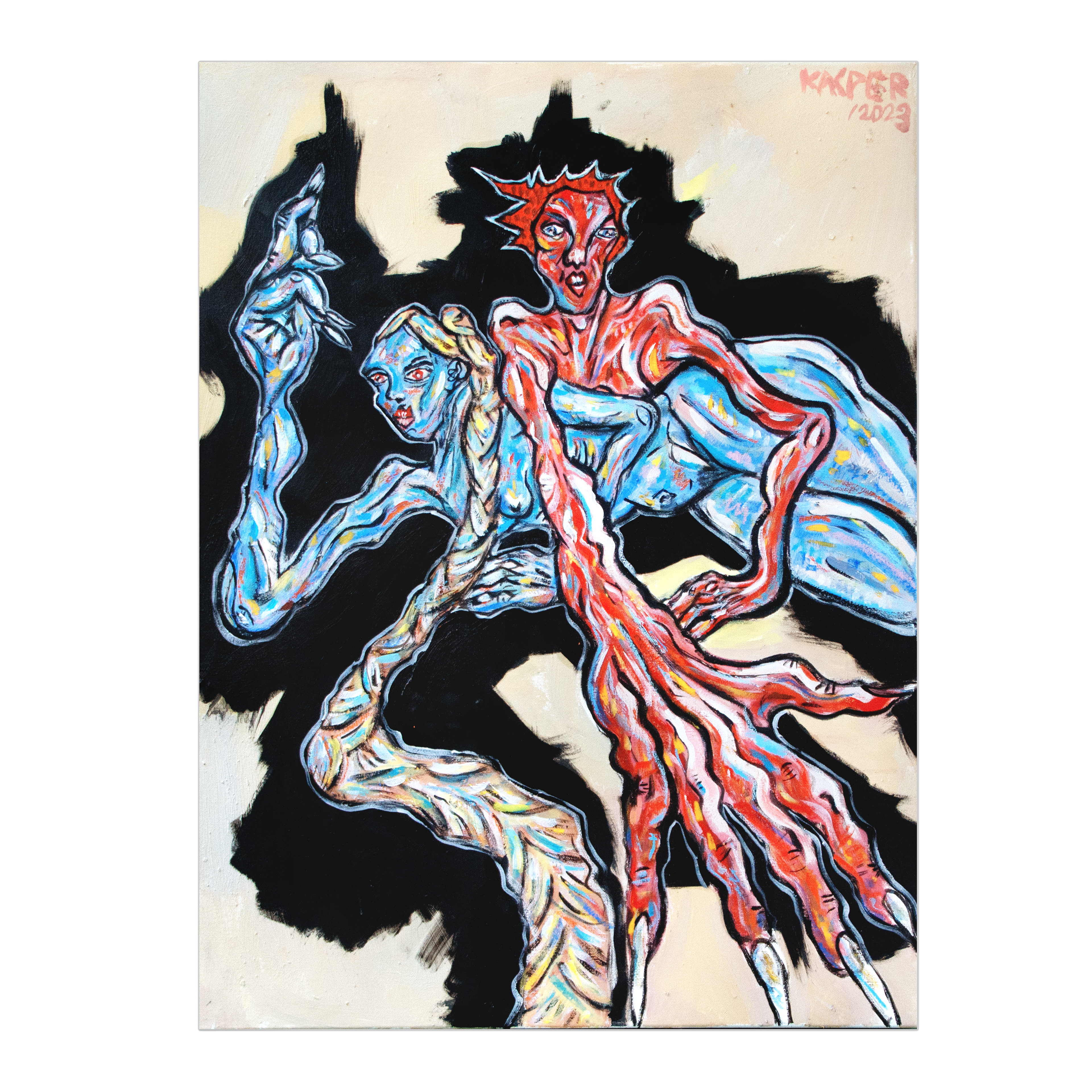 700 PLN czerwony, niebieski i czarny /80x60cm, akryl, olej, pastel olejna, ołówek, węgiel na płótnie