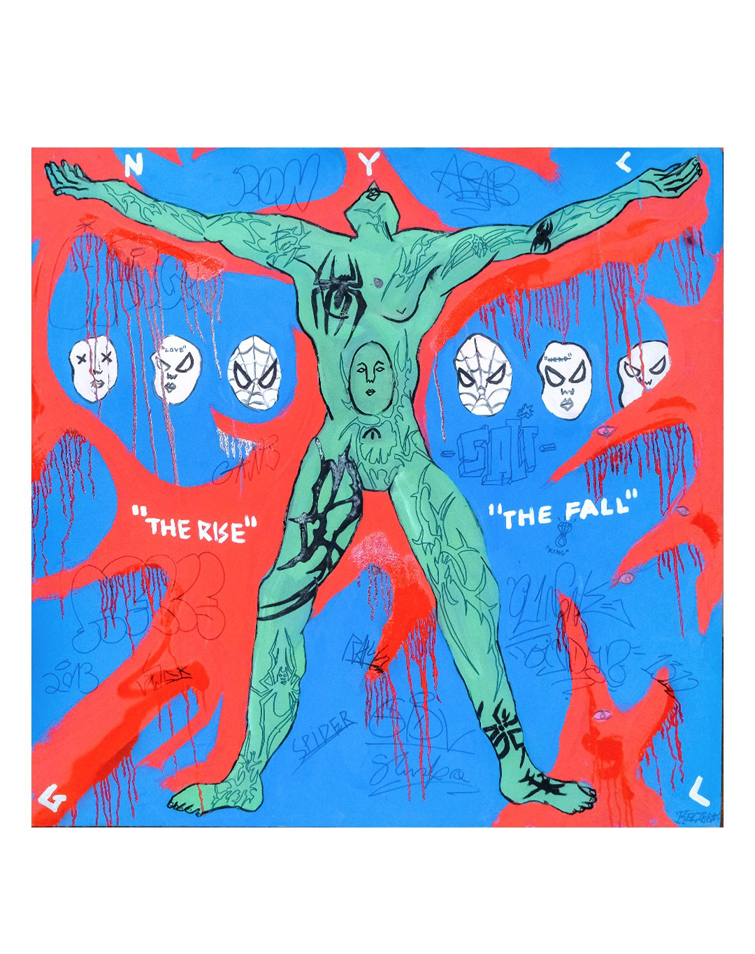 1750 PLN / „The rise and the fall of green goblin” /175x178cm, acrylic paint, spray paint on a wooden board