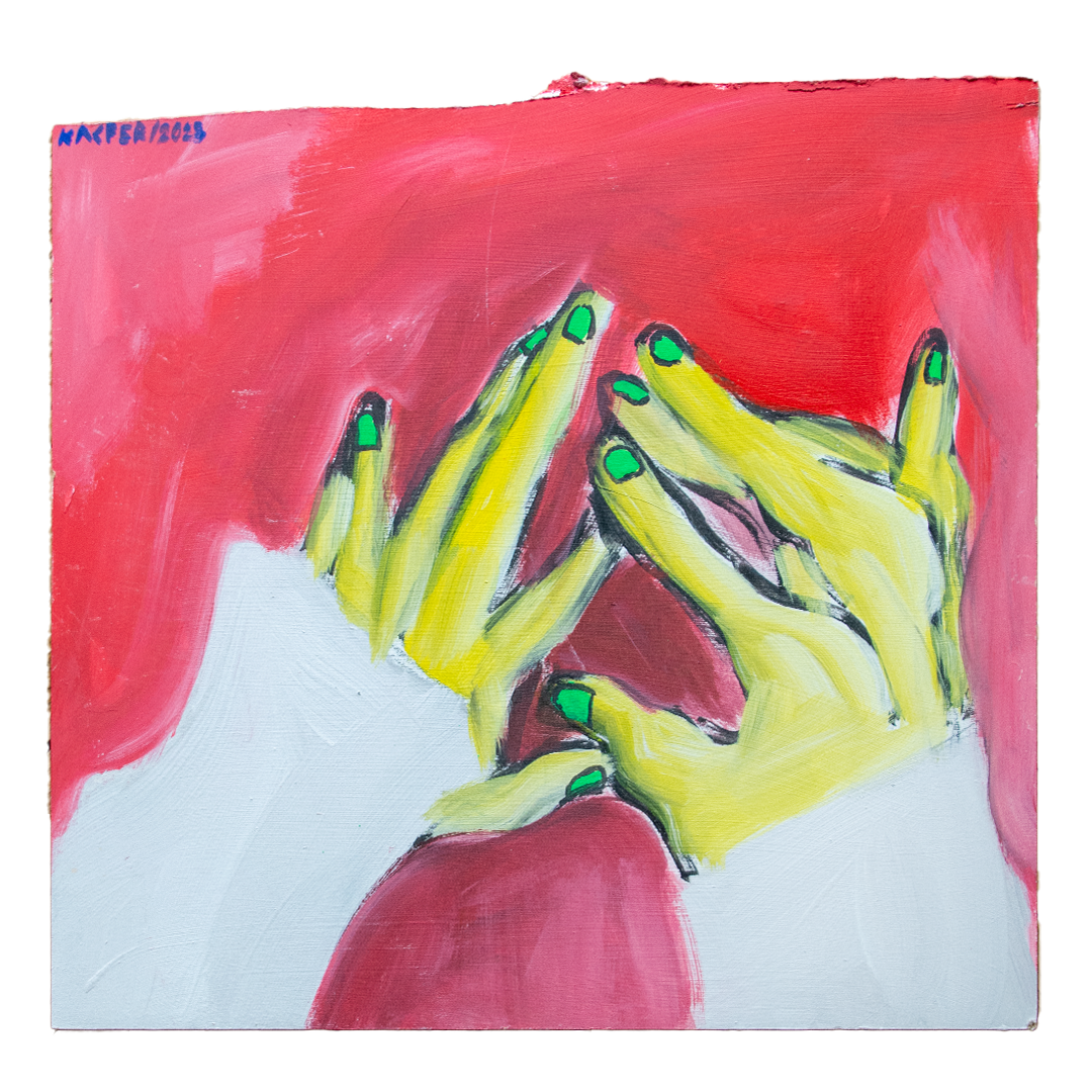 550 PLN / 120 USD / 110 EUR , 50x50 cm, "Przed i po pomalowaniu paznokci, no.2" , akryl, pastel olejna, ołówek, węgiel na drewnianej dykcie