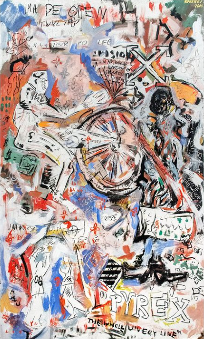 1650 PLN / "lv ss/18 paris virgil abloh" 150x90 cm / olej, akryl, węgiel, ołówek, kredka na drewnianej