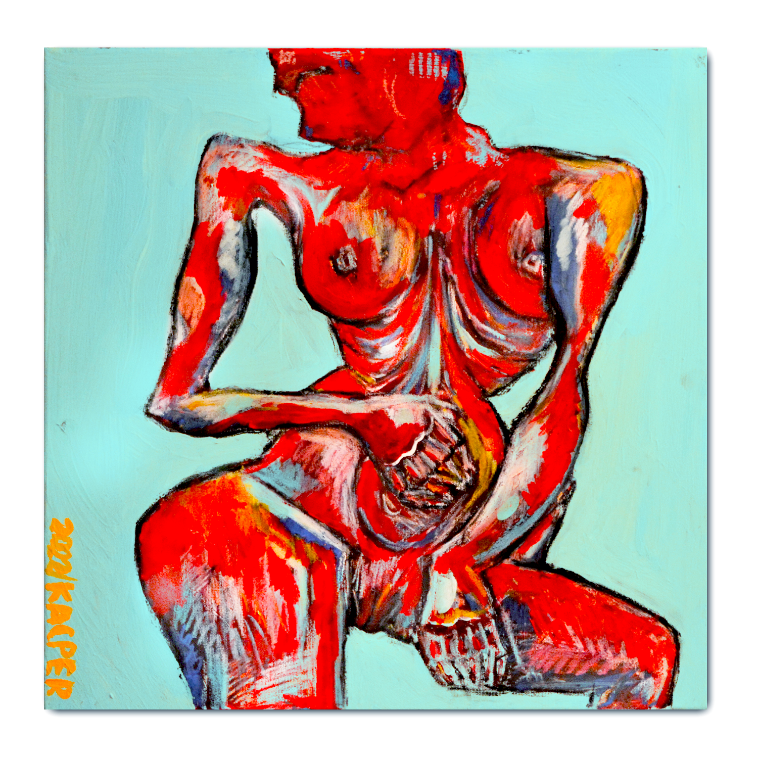 550 PLN / kobieta w czerwieni / 50x50 cm, akryl, pastel olejna, węgiel, marker; na płótnie