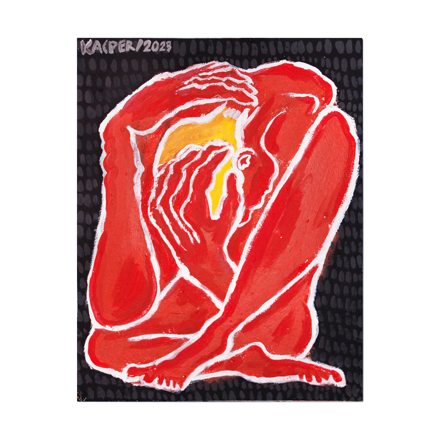675 PLN / "czerwony człowiek trzymający sie za głowę" / 40x30 cm, akryl, pastel olejna, ołówek, węgiel na drewnianej dykcie,