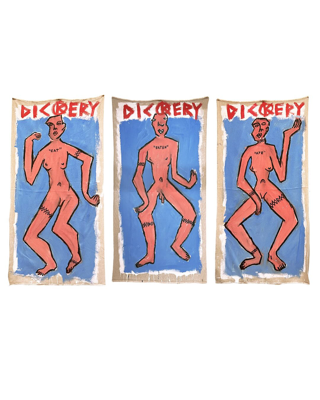 2100 PLN (ALL) /„Consumer trinity”, triptych /160x255 cm whole (single 160x85cm) acrylic paint on loose linen material
