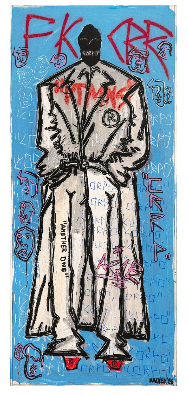 1250 PLN / „FK CRR” /2.56 x 1.10 m acrylic paint, spray paint, dry pastel, on wooden board, with metal upholstery