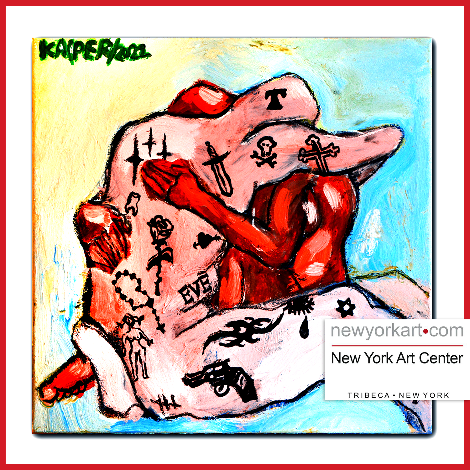 2500 PLN / 600 $ / 545 EUR, 60 X 60 CM , "A Tattooed Man Embraces a Red Woman" by Kacper Kucharczyk, Mixed Media on Canvas