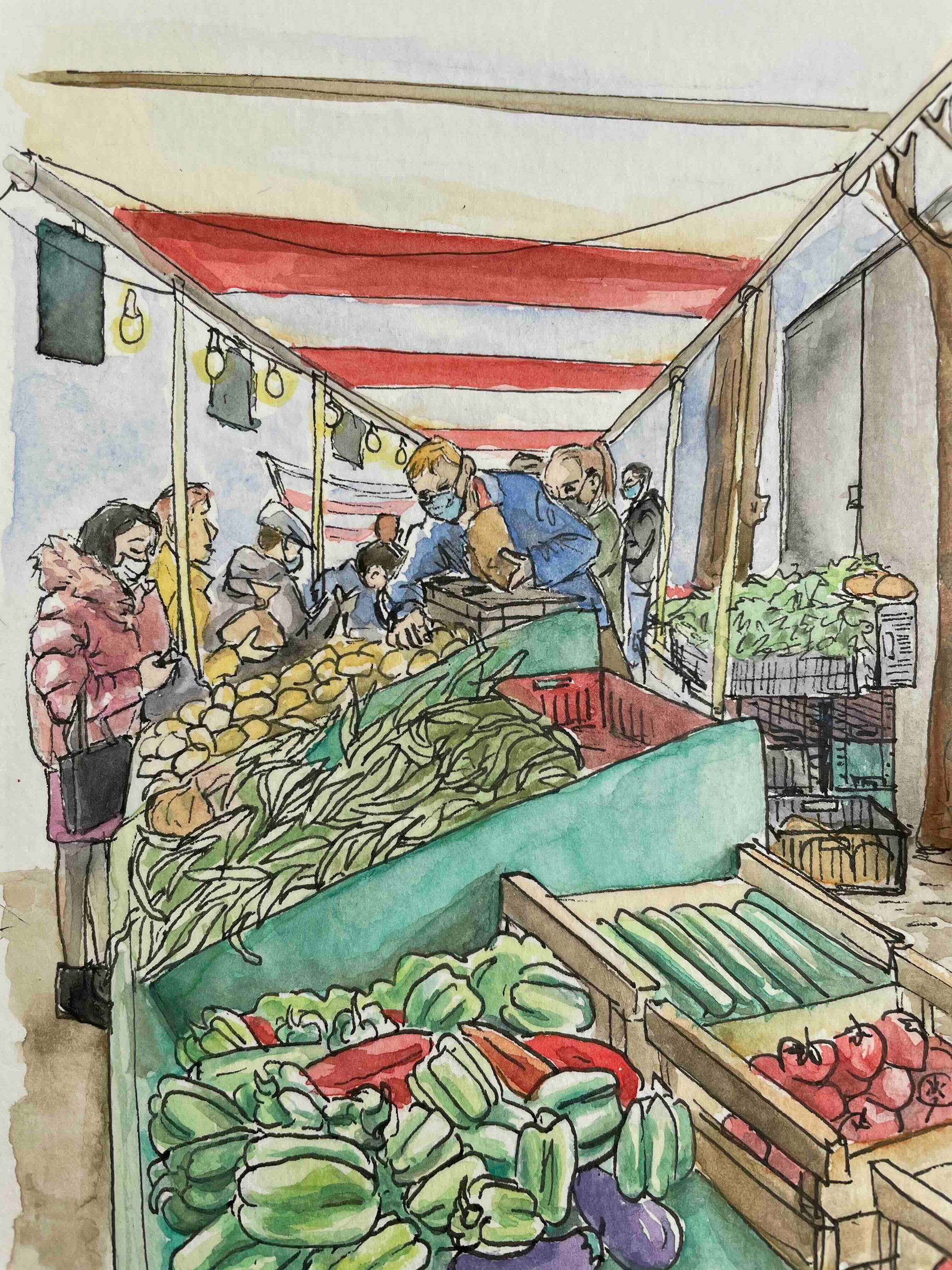 Marché Bastille, aquarelle, 2021.
