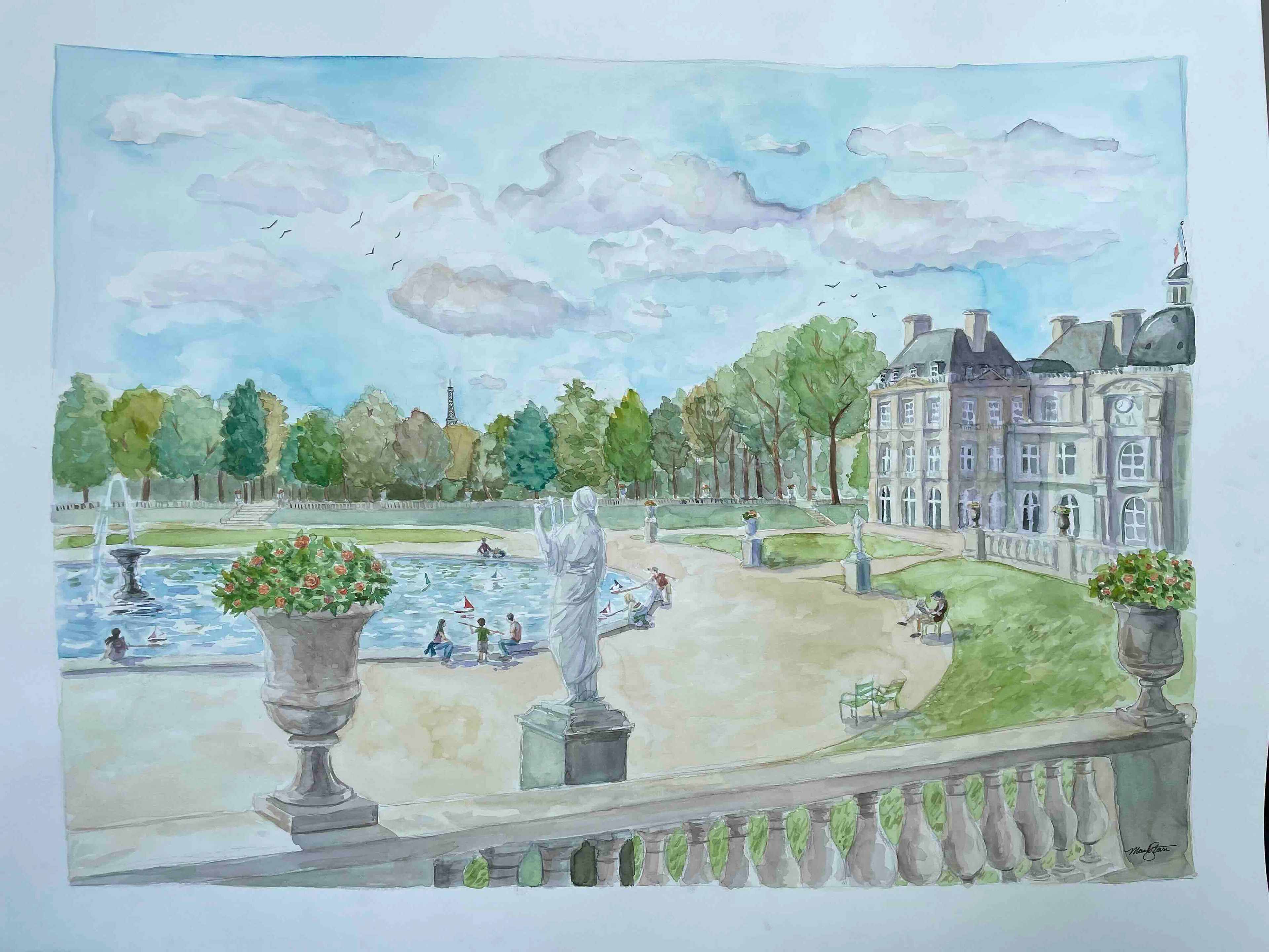 Jardin Luxembourg, aquarelle, 2023.