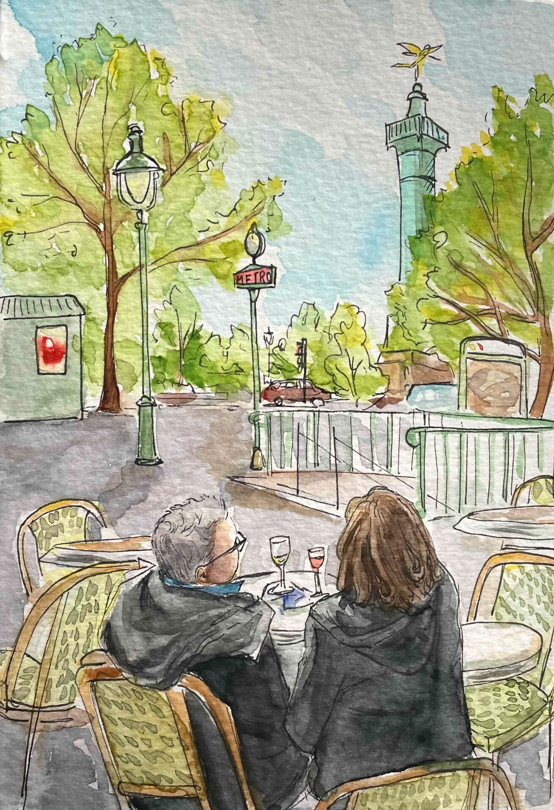 Parents à la Bastille, aquarelle, 2023.